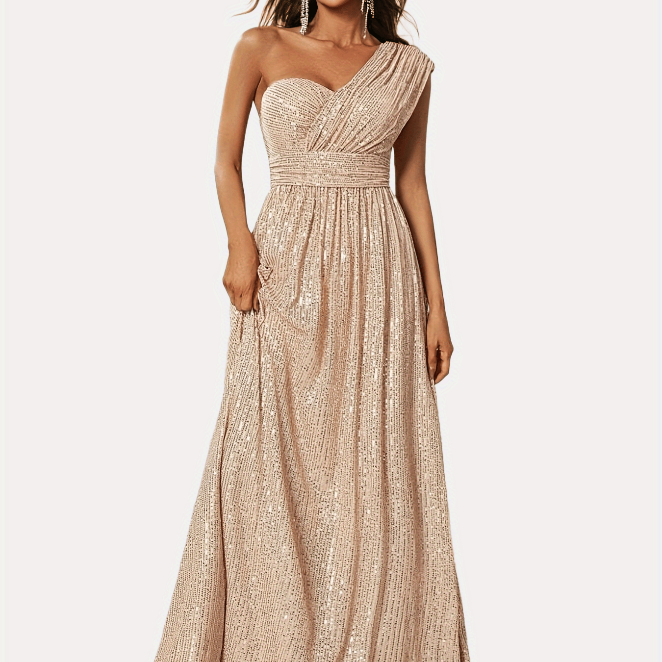 One Shoulder Sequins Floor Length Dress, Elegant Maxi Formal Evening Gown Dress, Women's Clothing
