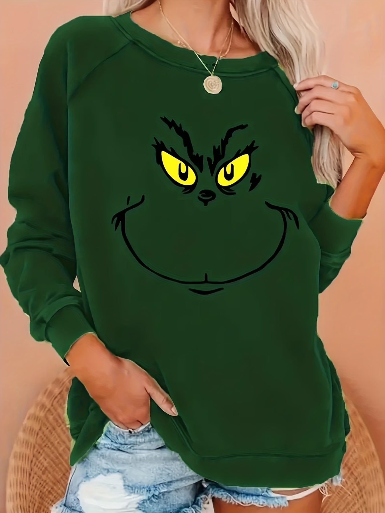 Sixsr Plus Size Casual Sweatshirt, Women's Plus Funny Cartoon Print Long Sleeve Round Neck Medium Stretch Sweatshirt