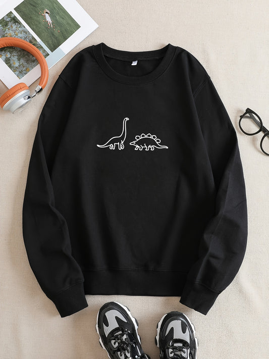 Sixsr Two Dinosaurs Graphic Print Sweatshirt, Long Sleeve Crew Neck Pullover Sweatshirt, Casual Tops For Fall & Winter, Women's Clothing