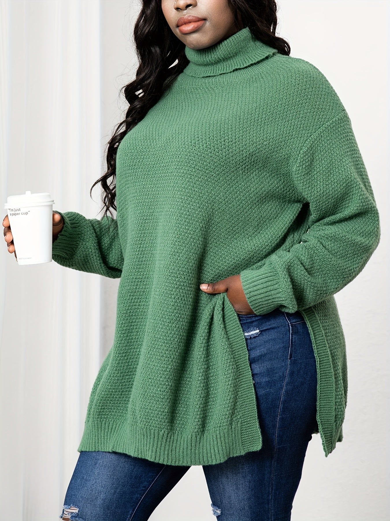 Sixsr Plus Size Turtle Neck Knit Side Slit Sweater, Women's Plus Solid High Stretch Elegant Sweater