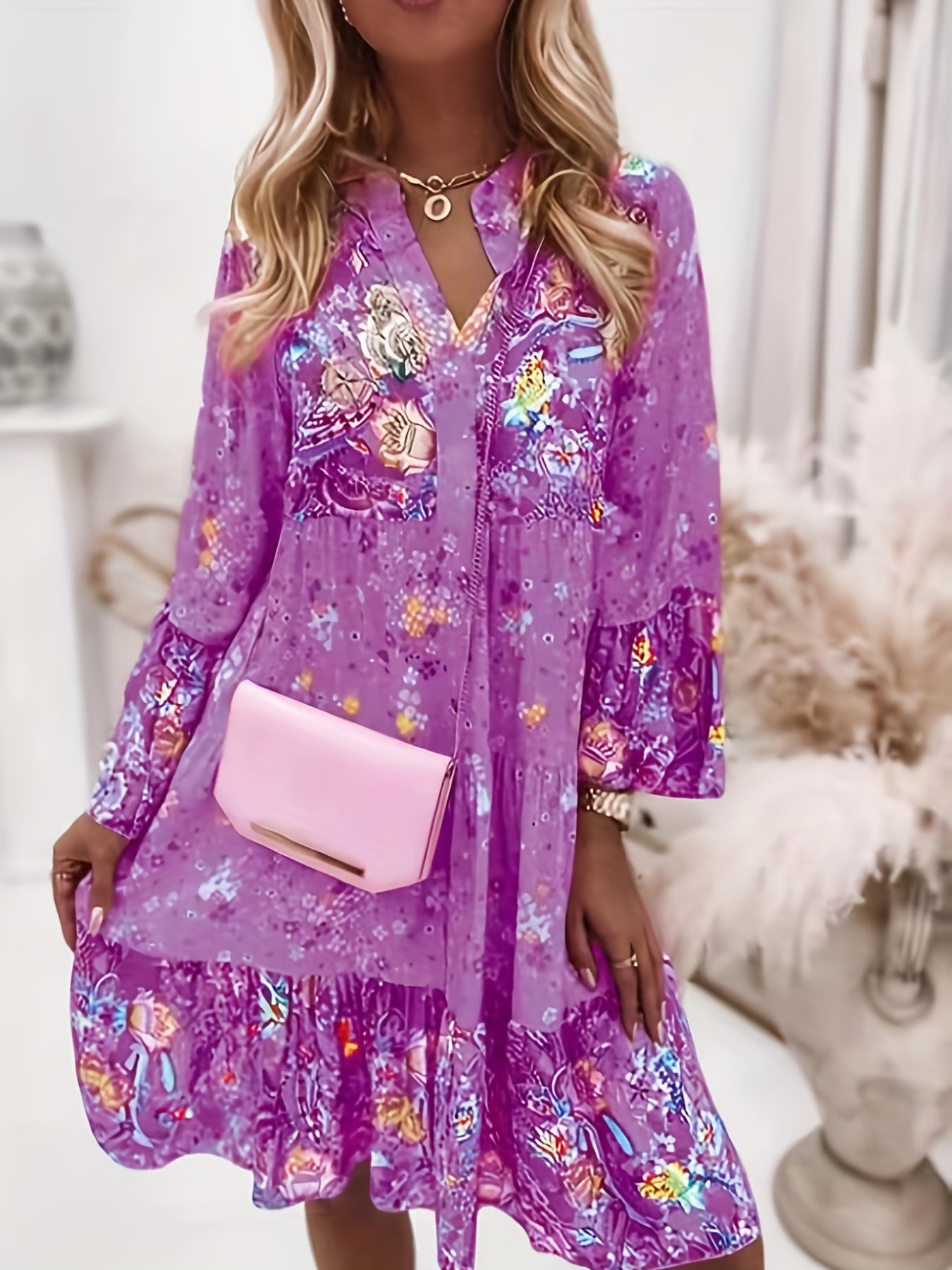 Sixsr Floral Print Ruffle Hem Dress, Boho Holiday Long Sleeve V-neck Dress, Women's Clothing