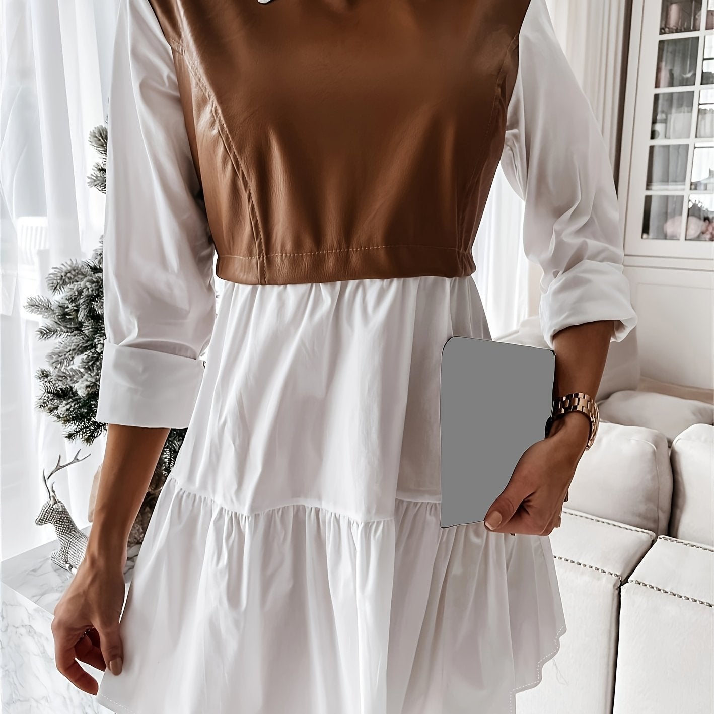 Sixsr PU Leather Patchwork Long Sleeve Shirt Dresses, Women's Clothing