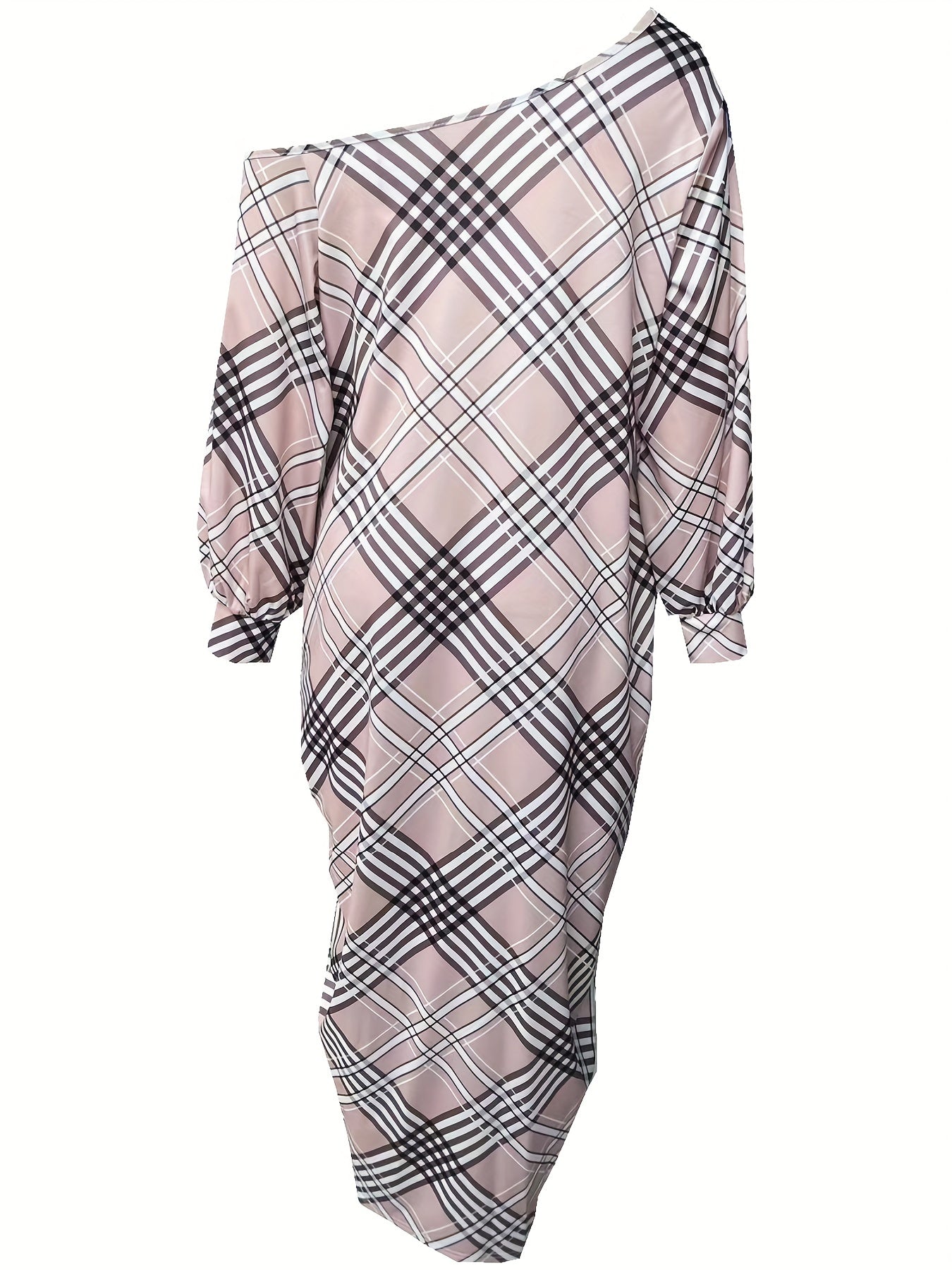 Plaid Print Slanted Shoulder Dress, Casual Long Sleeve Maxi Dress, Women's Clothing