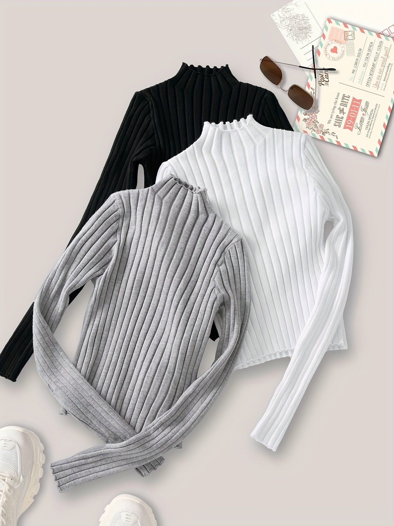 Sixsr 3 Packs Solid Color Stand Collar Ribbed Pullover Sweater, Elegant Long Sleeve Knitted Sweater For Every Day, Women's Clothing