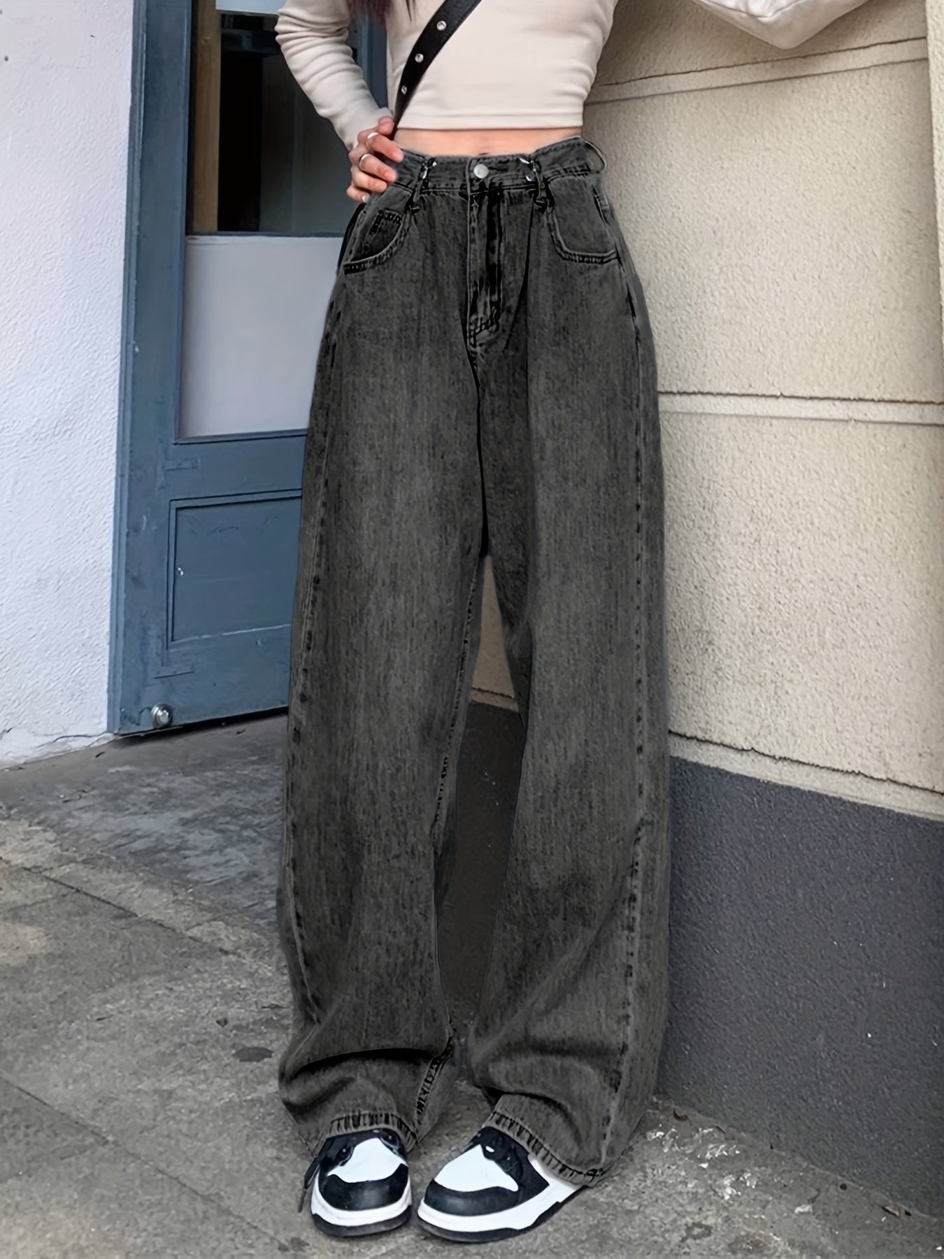 Sixsr Blue Adjustable Buckle Waist Straight Jeans, Loose Fit Slant Pockets High Waist Wide Legs Jeans, Women's Denim Jeans & Clothing
