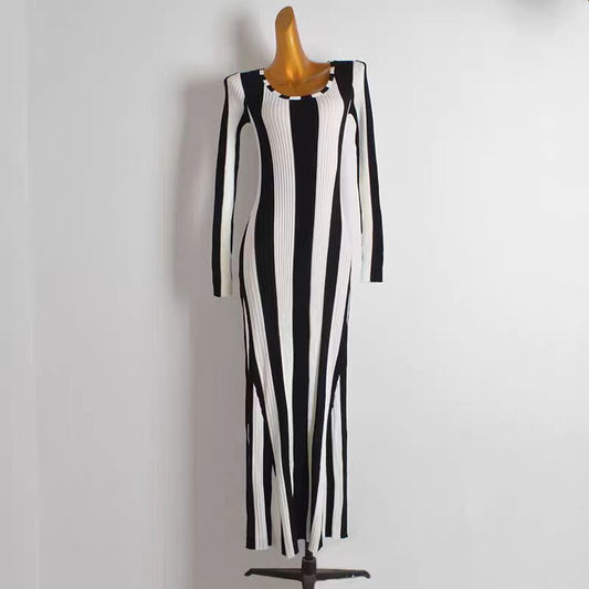 Contrast Trim Crew Neck Dress, Elegant Long Sleeve Bodycon Knitted Dress For Spring & Fall, Women's Clothing