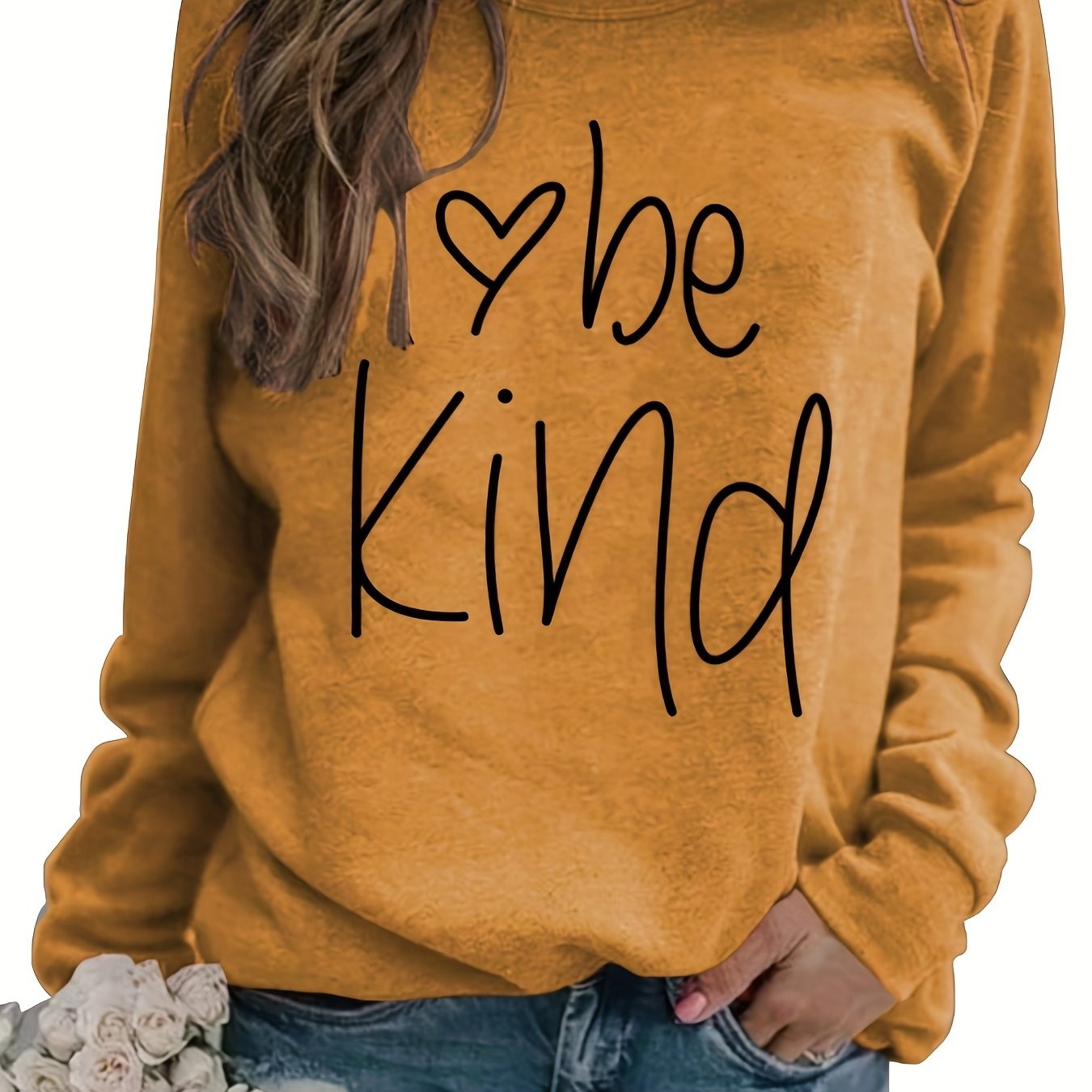 Sixsr Be Kind Letter Print Sweatshirt, Long Sleeve Crew Neck Pullover Sweatshirt, Casual Tops For Fall & Winter, Women's Clothing