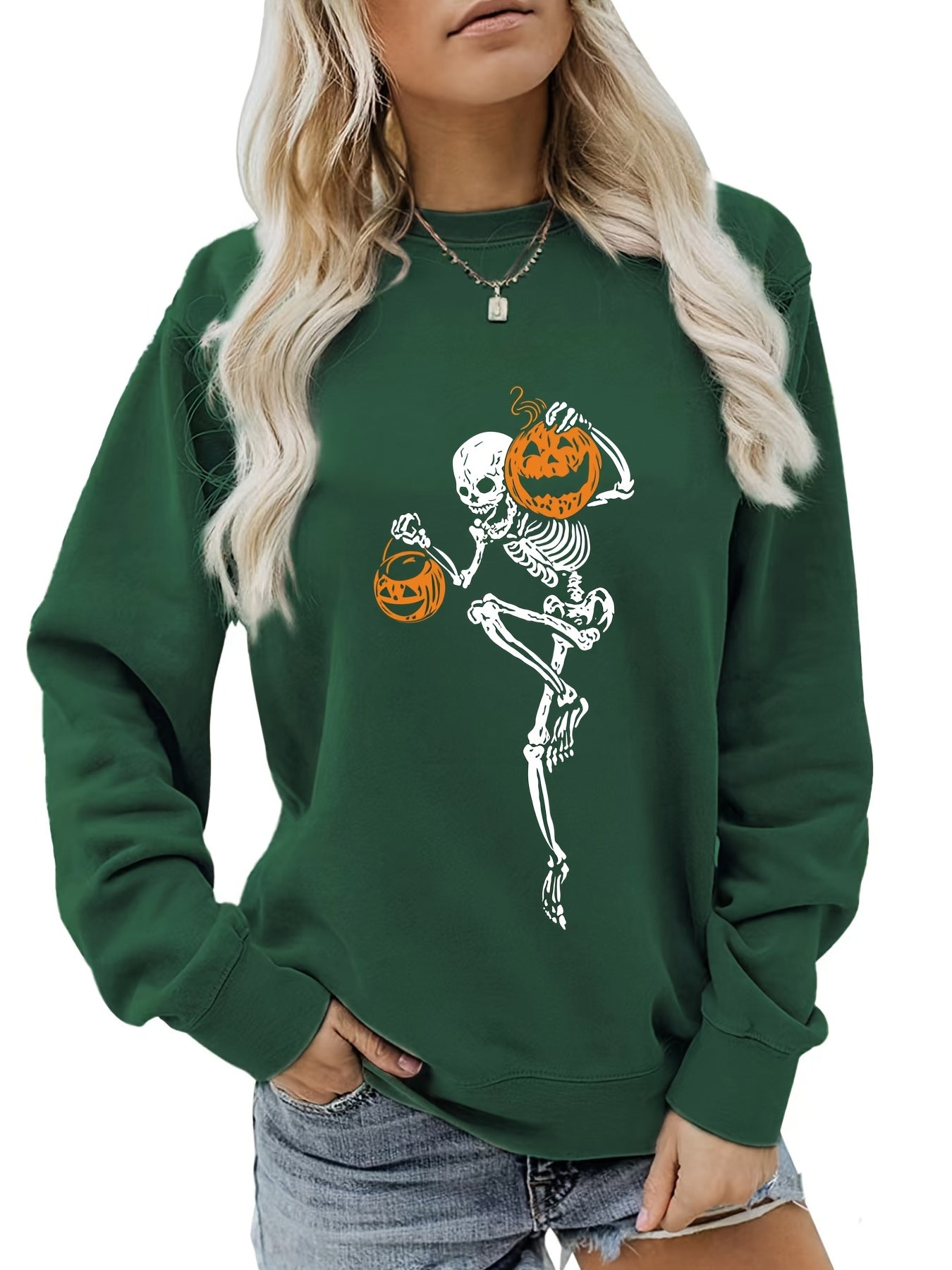 Sixsr Halloween Skull Print Pullover Sweatshirt, Casual Long Sleeve Crew Neck Sweatshirt For Spring & Fall, Women's Clothing