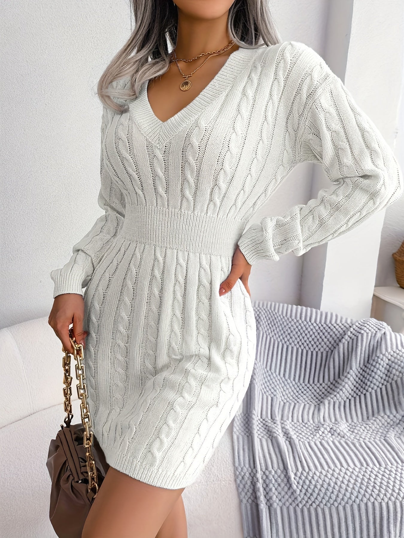 Sixsr Plus Size Elegant Dress, Women's Plus Solid Long Sleeve V Neck Nipped Waist High Stretch Bodycon Midi Sweater Dress