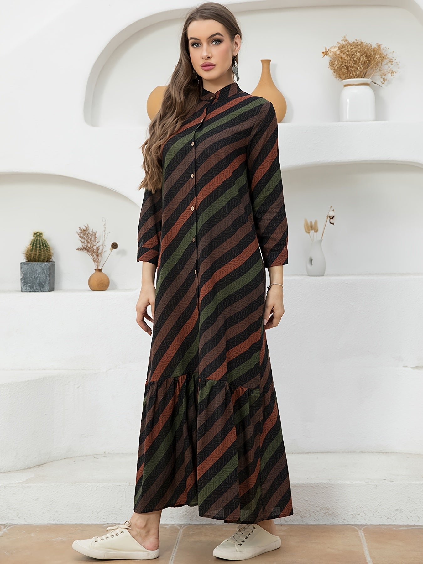 Sixsr Color Block Striped Print Dress, Vintage Button Front Long Sleeve High Neck Ruched Dress, Women's Clothing