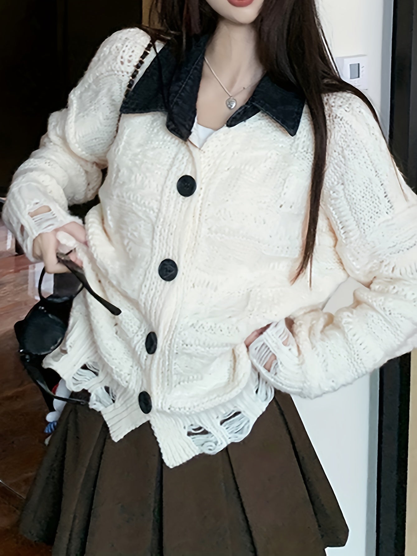 Sixsr Color Block Button Up Knit Cardigan, Casual Turndown Collar Long Sleeve Ripped Sweater, Women's Clothing