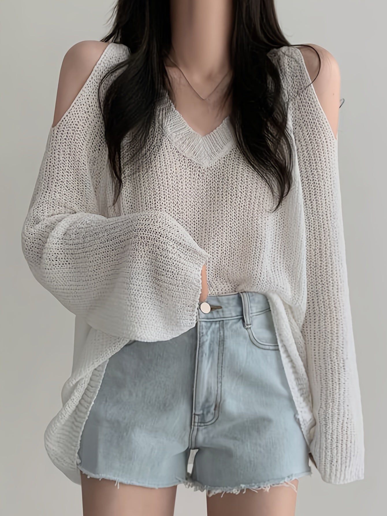 Sixsr Solid V Neck Thin Pullover Sweater, Casual Cold Shoulder Long Sleeve Loose Sweater, Women's Clothing