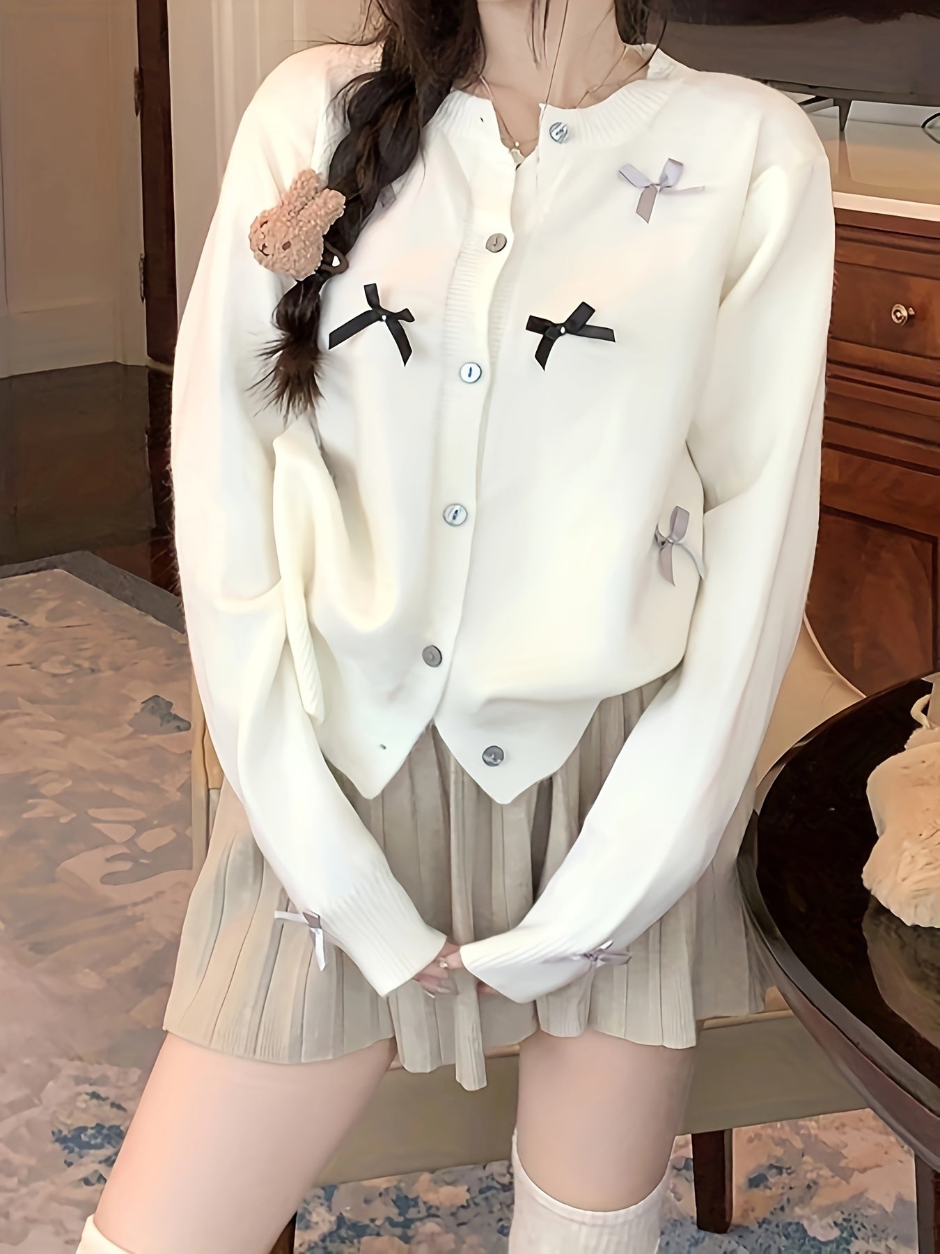 Sixsr Bow Decor Button Up Knit Cardigan, Casual Crew Neck Long Sleeve Sweater, Women's Clothing