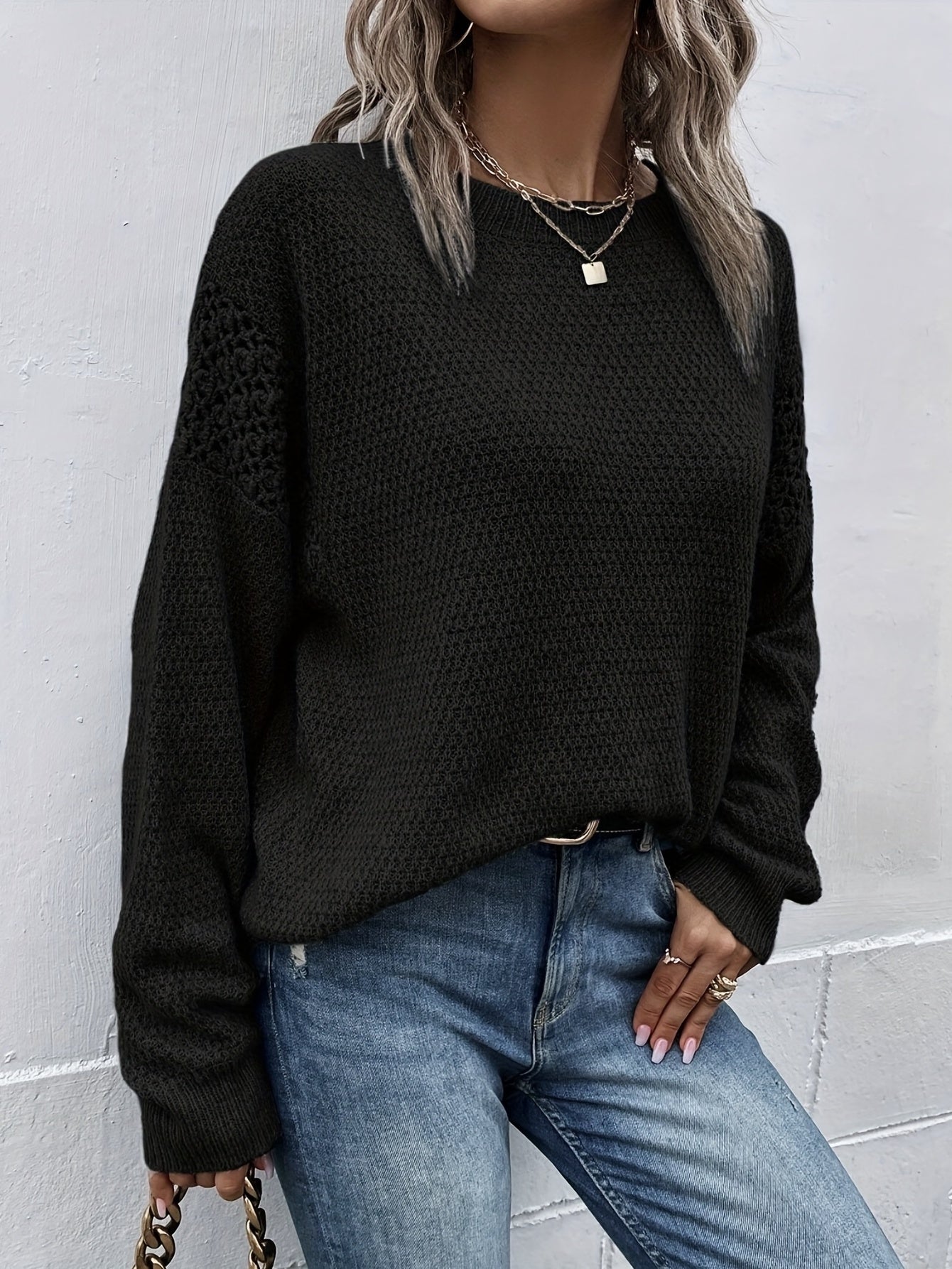 Sixsr Solid Crew Neck Pullover Sweater, Casual Long Sleeve Sweater, Women's Clothing