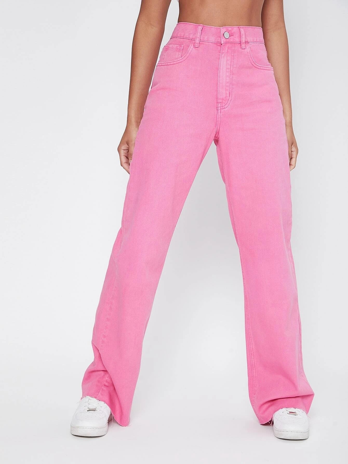 Sixsr Pink Raw Cut Straight Jeans, Loose Fit High Rise Slant Pockets Denim Pants, Women's Denim Jeans & Clothing