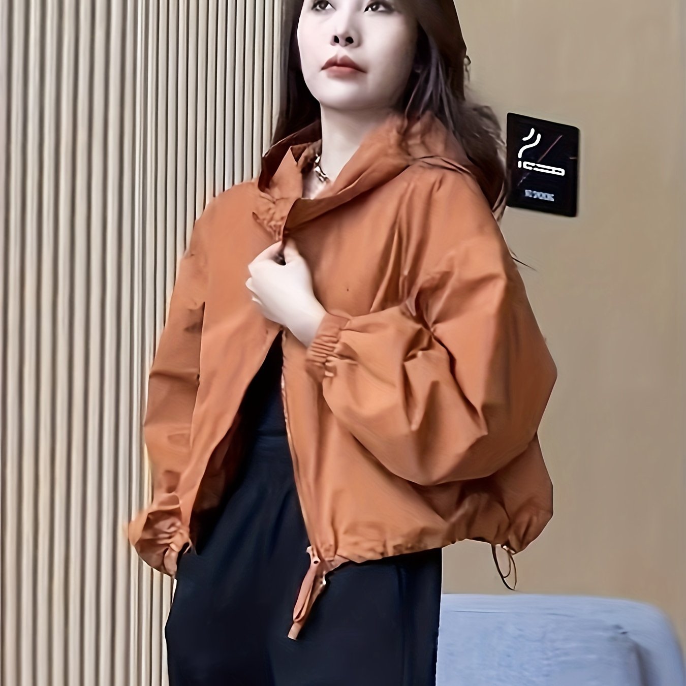 Sixsr Solid Zipper Drawstring Hooded Jacket, Casual Long Sleeve Loose Outwear For Spring & Fall, Women's Clothing