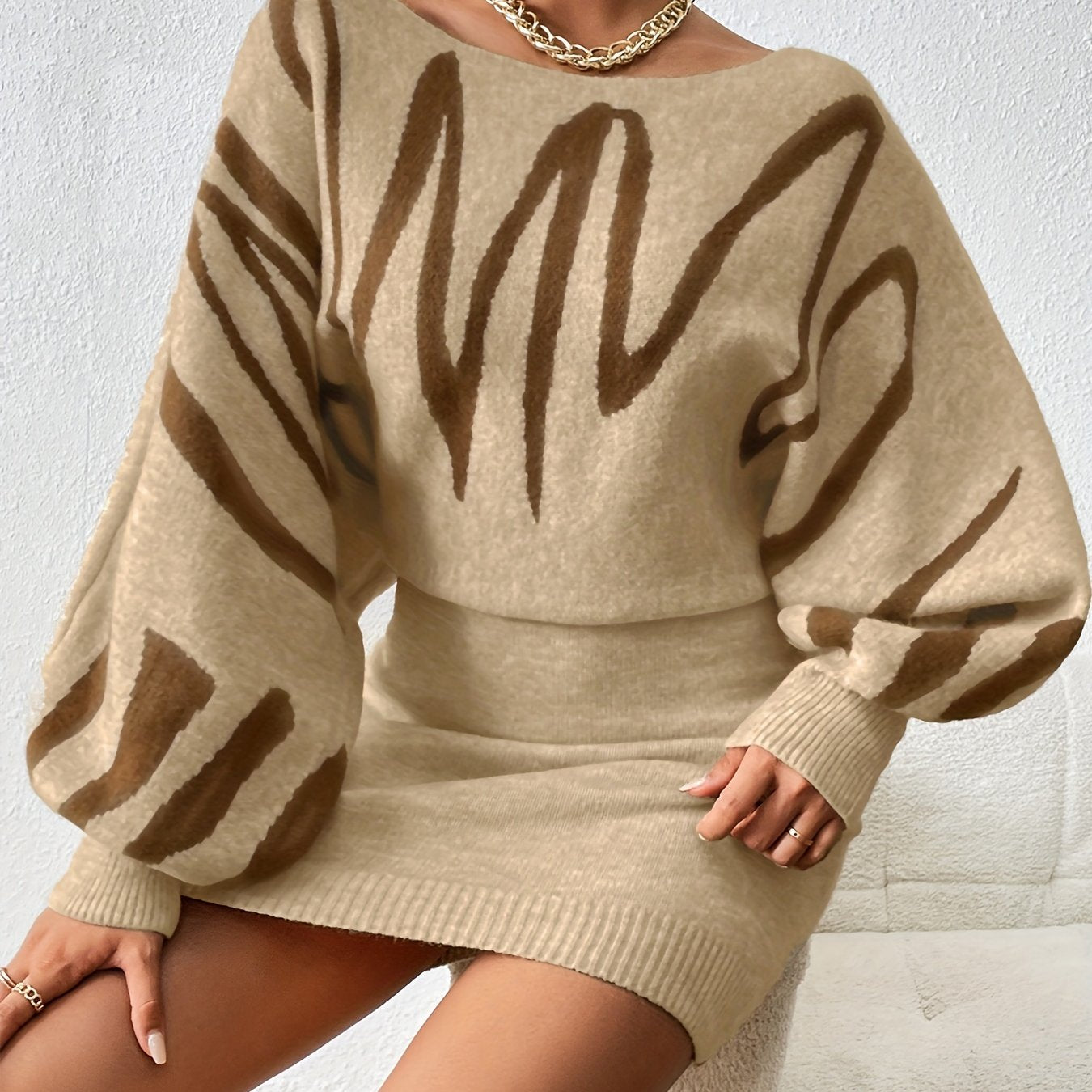 Sixsr Abstract Print Sweater Dress, Elegant Boat Neck Long Lantern Sleeve Dress, Women's Clothing