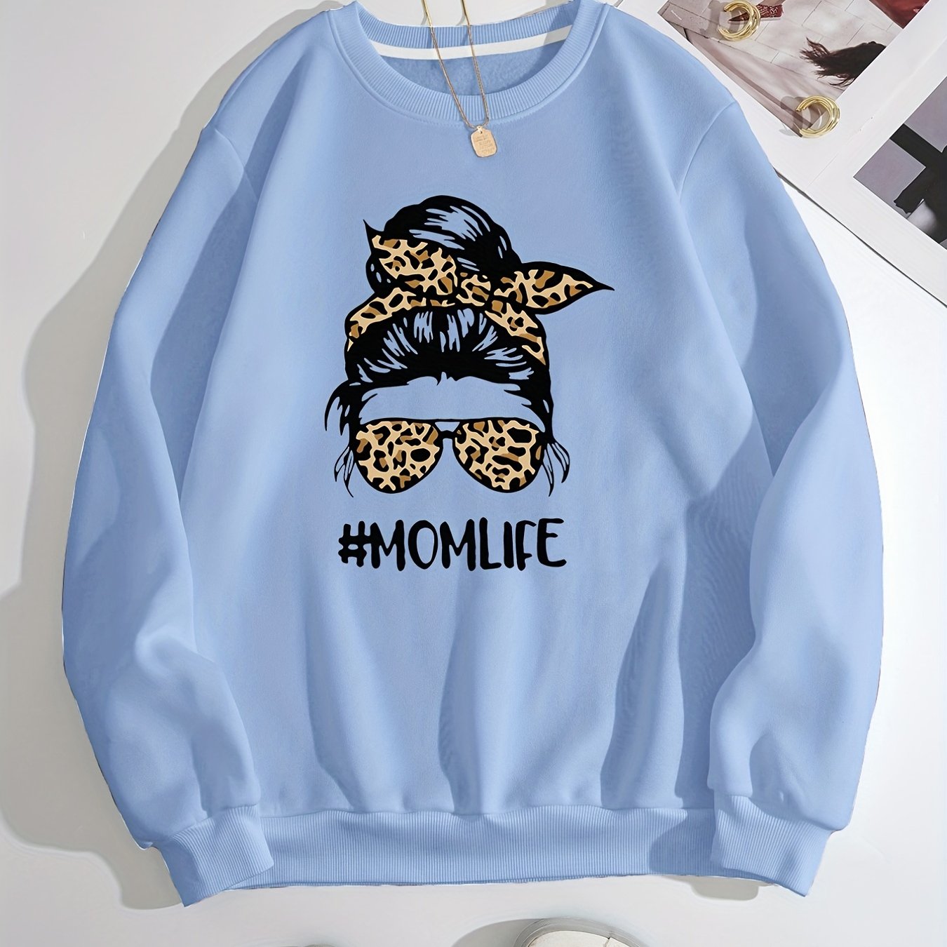 Sixsr Girl Graphic Print Solid Pullover, Crew Neck Long Sleeve Casual Every Day Sweatshirt, Women's Clothing