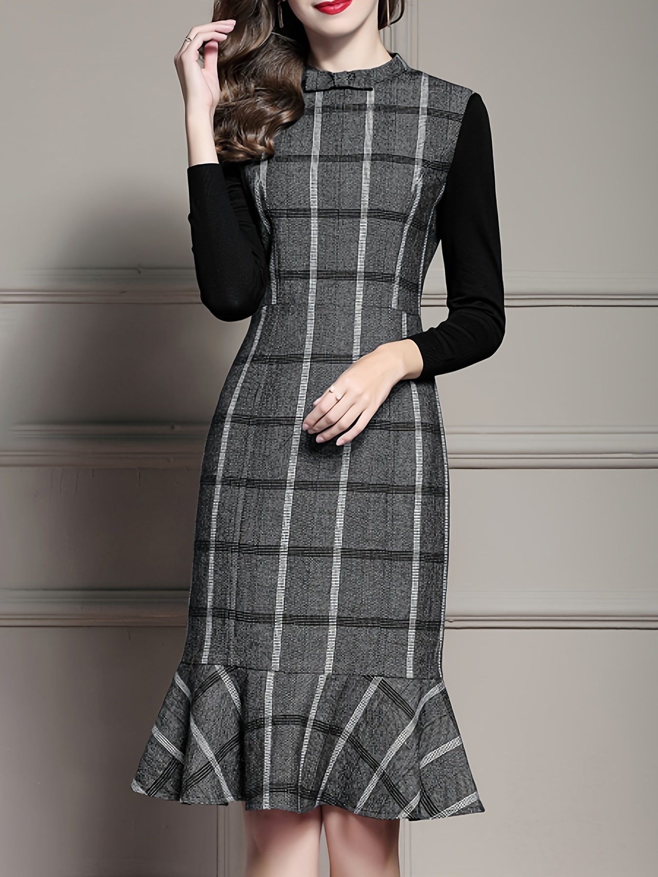 Sixsr Plaid Print Mermaid Hem Dress, Elegant Long Sleeve Bodycon Party Dress, Women's Clothing