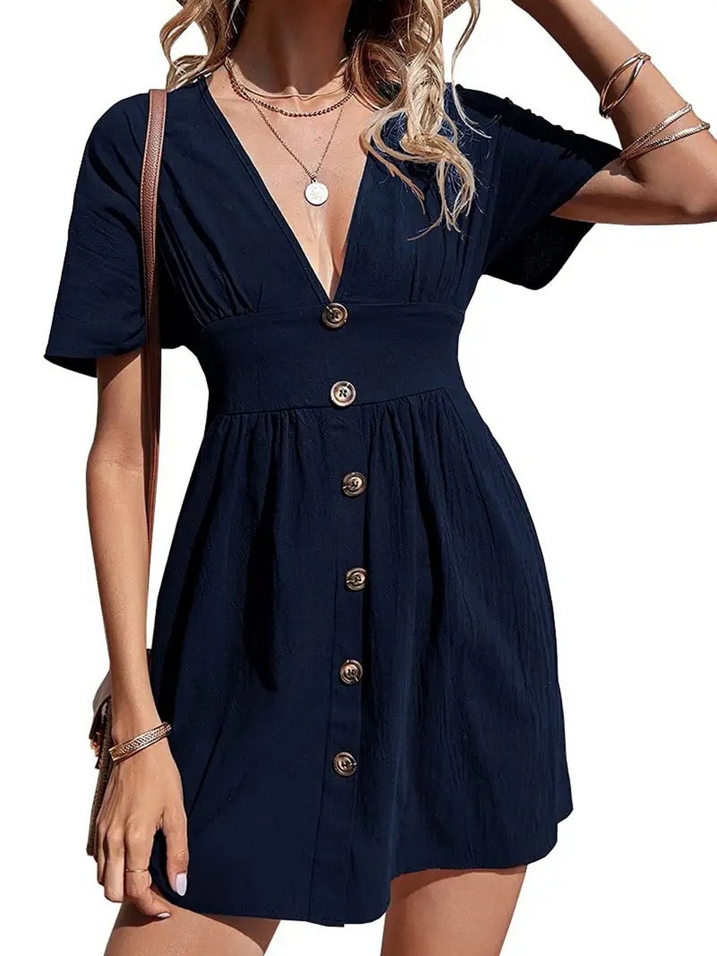 Sixsr Women's Dresses Sexy Solid Color V Neck Button Up Short Sleeve Dresses