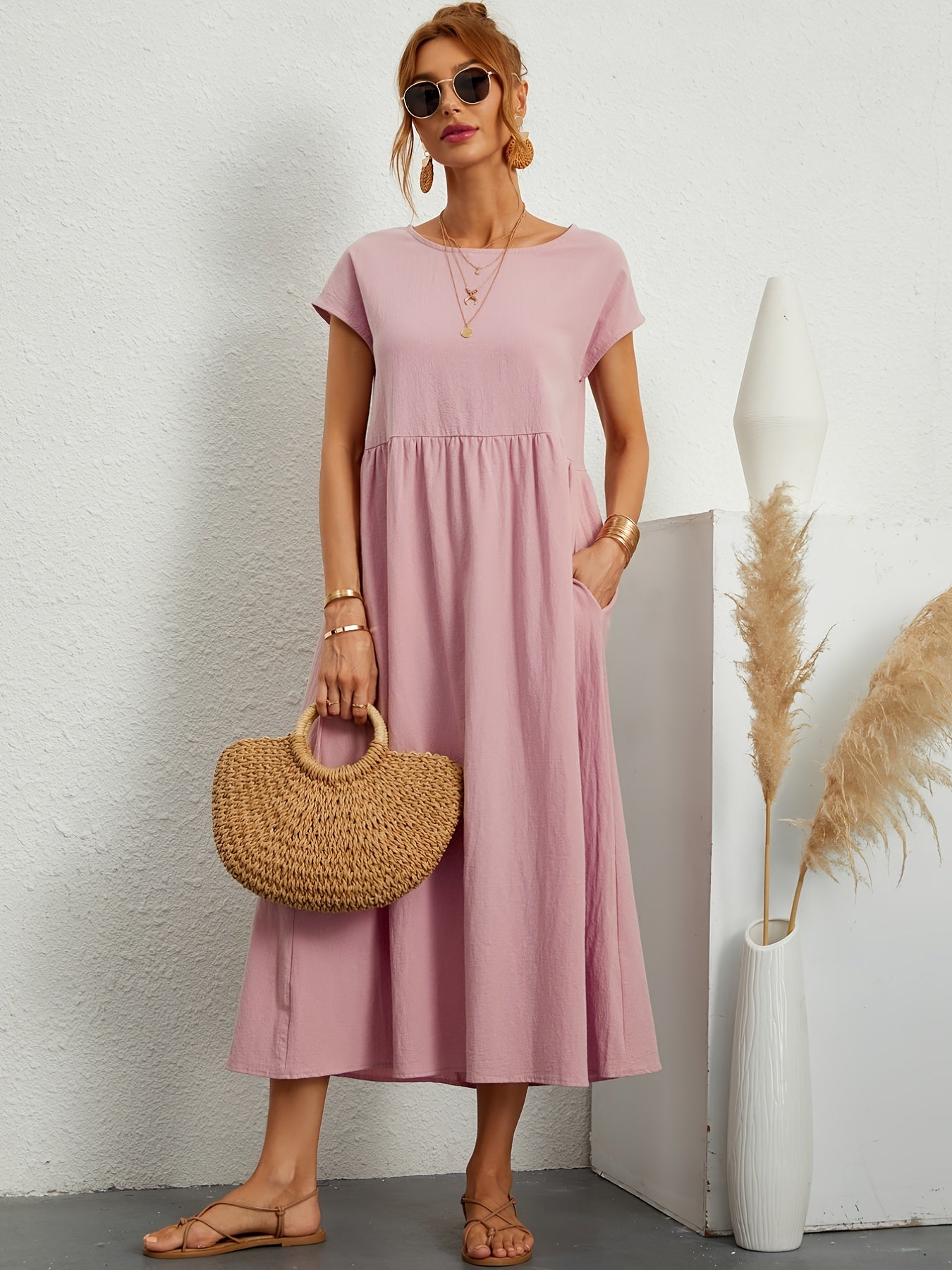 Sixsr Loose Pocket Solid Dress, Casual Short Sleeve Crew Neck Waist Summer Dress, Women's Clothing