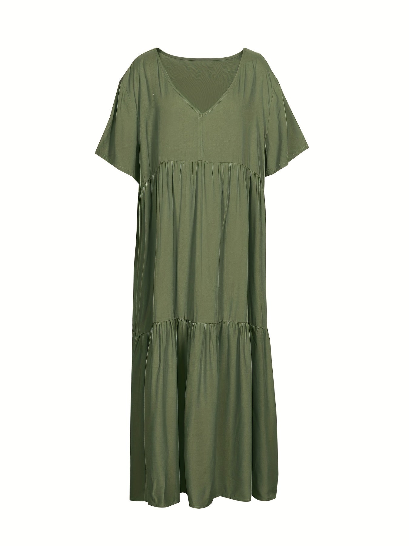 Sixsr Plus Size Casual Dress, Women's Plus Solid V Neck Short Sleeve Ruffle Trim Smock Dress