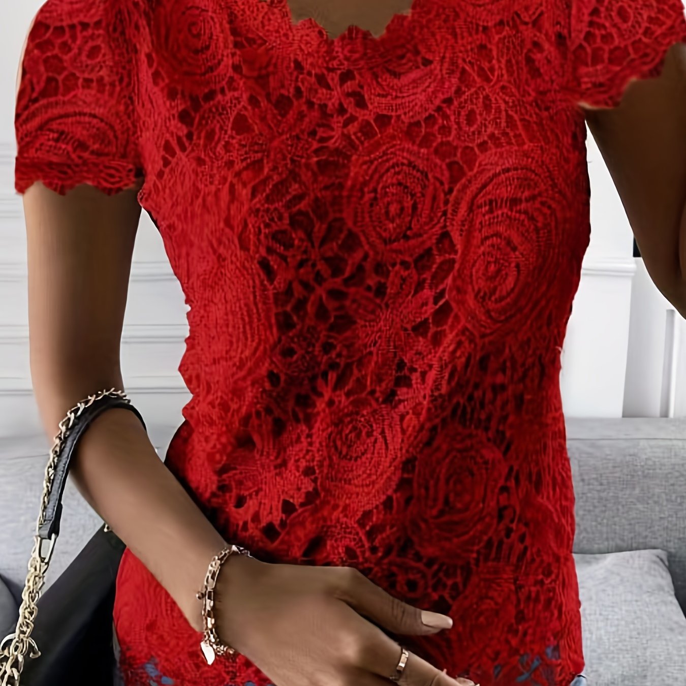 Sixsr Lace Crew Neck T-Shirt, Elegant Short Sleeve T-Shirt For Spring & Summer, Women's Clothing