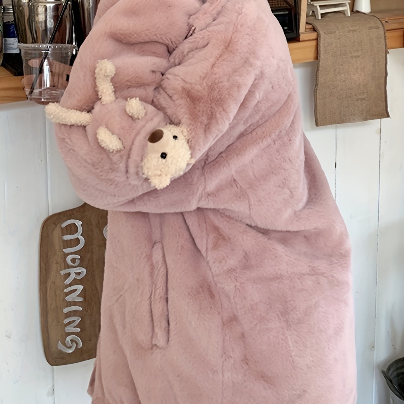 Sixsr Teddy Decor Zip Front Plush Coat, Long Sleeve Slant Pockets Outerwear For Fall & Winter, Women's Clothing