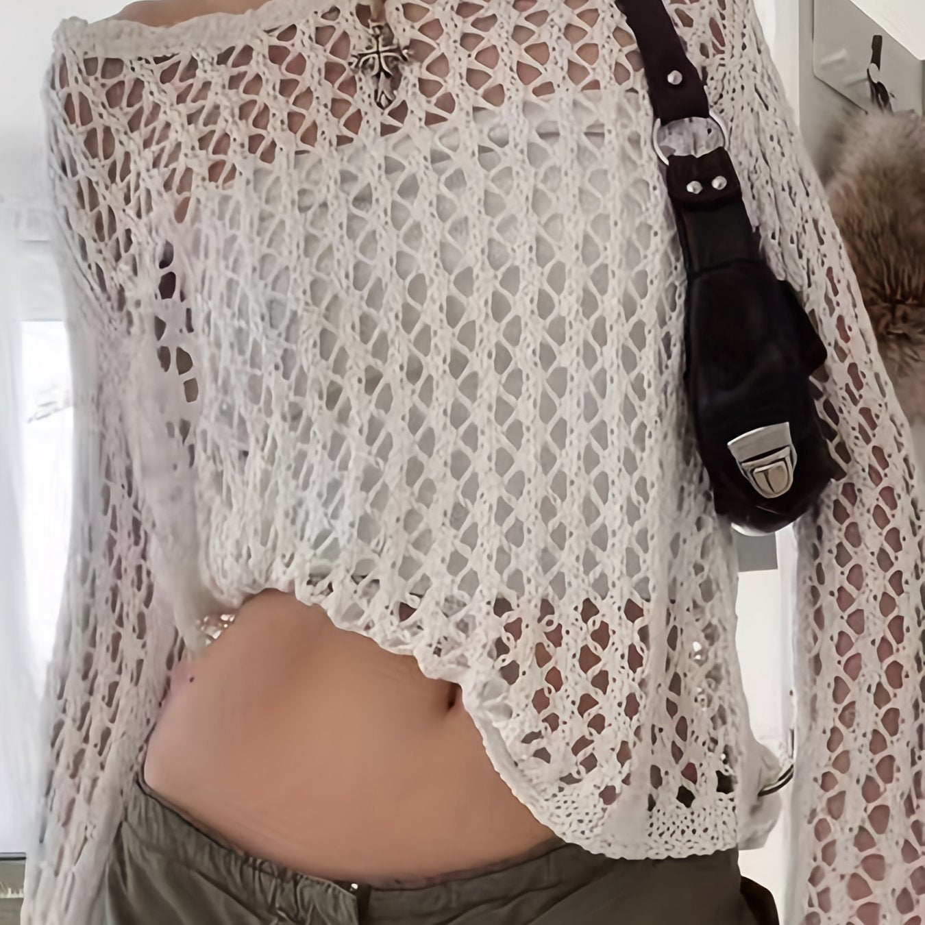 Sixsr Crochet Beach Wear Knit Sweater, Vacation Solid Crew Neck Long Sleeve Summer Sweater, Women's Clothing