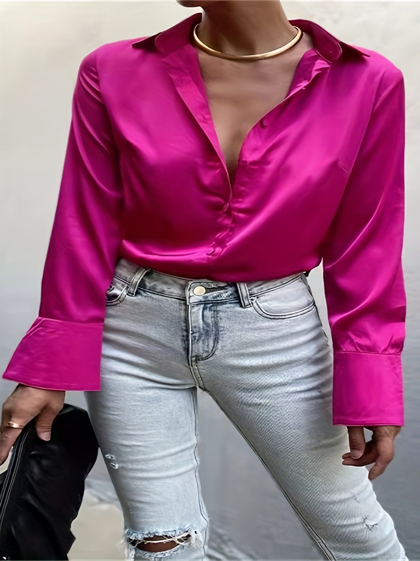 Sixsr Solid Button Front Shirt, Casual Satin Long Sleeve Collar Shirt, Women's Clothing