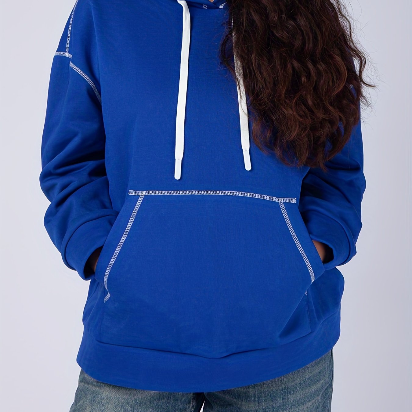 Sixsr Plus Size Casual Sweatshirt, Women's Plus Solid Pipping Long Sleeve Drawstring Hoodie