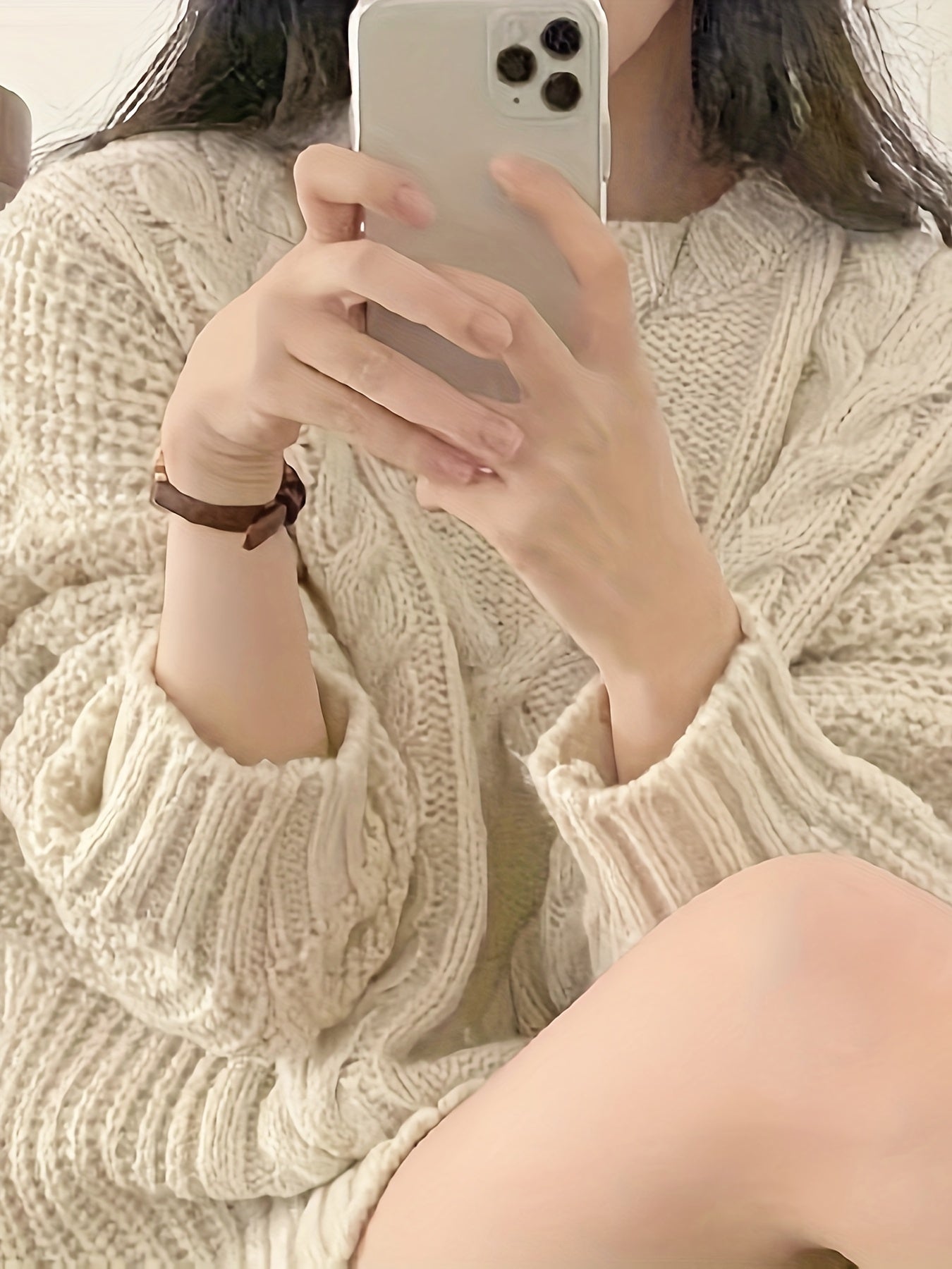 Sixsr Solid Cable Crew Neck Pullover Sweater, Elegant Long Sleeve Drop Shoulder Sweater, Women's Clothing