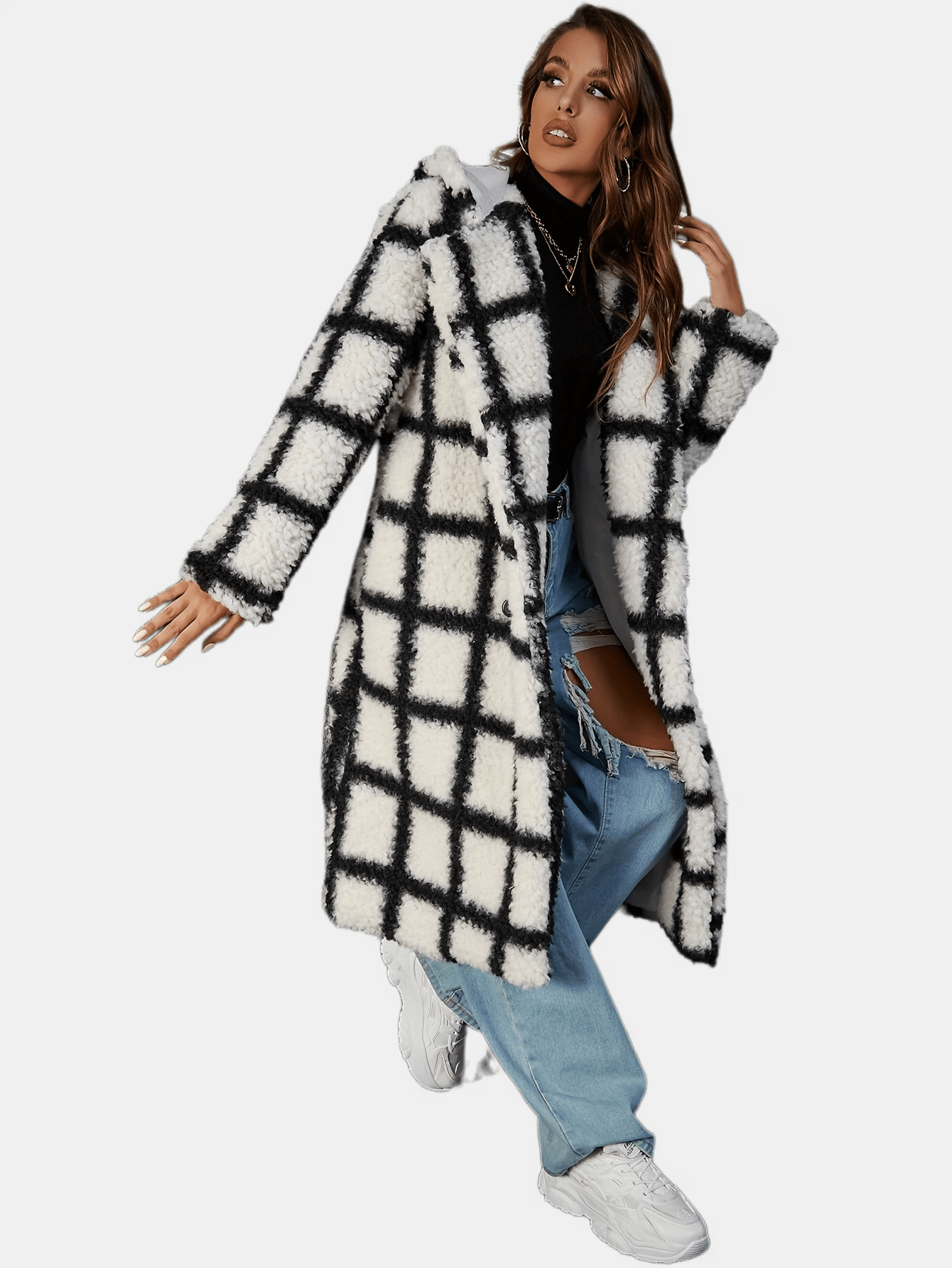 Sixsr Plaid Print Double-breasted Plush Coat, Casual Thermal Long Sleeve Lapel Midi Length Coat For Fall & Winter, Women's Clothing