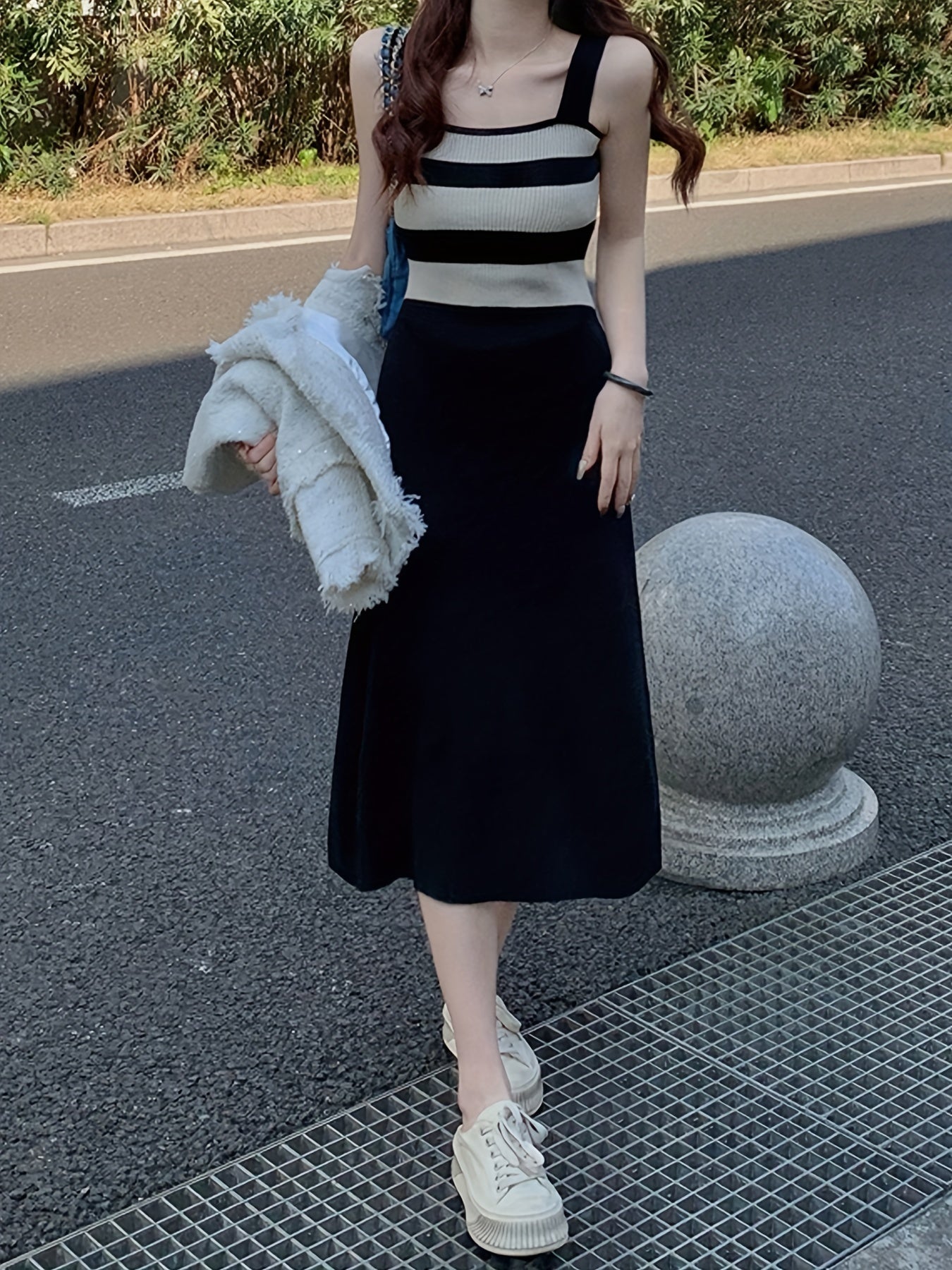 Sixsr Knitted Striped Tank Dress, Color Block Side Slit Casual Dress, Women's Clothing