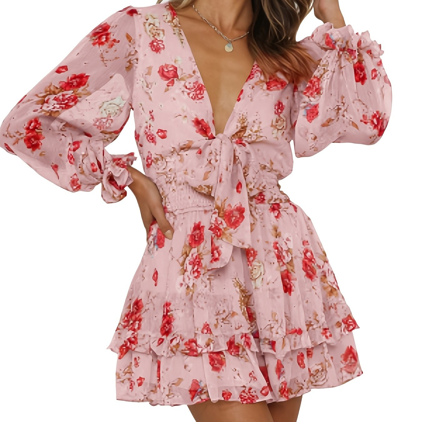 Sixsr Floral Print Layered Hem Dress, Elegant V-neck Shirred Waist Dress, Women's Clothing