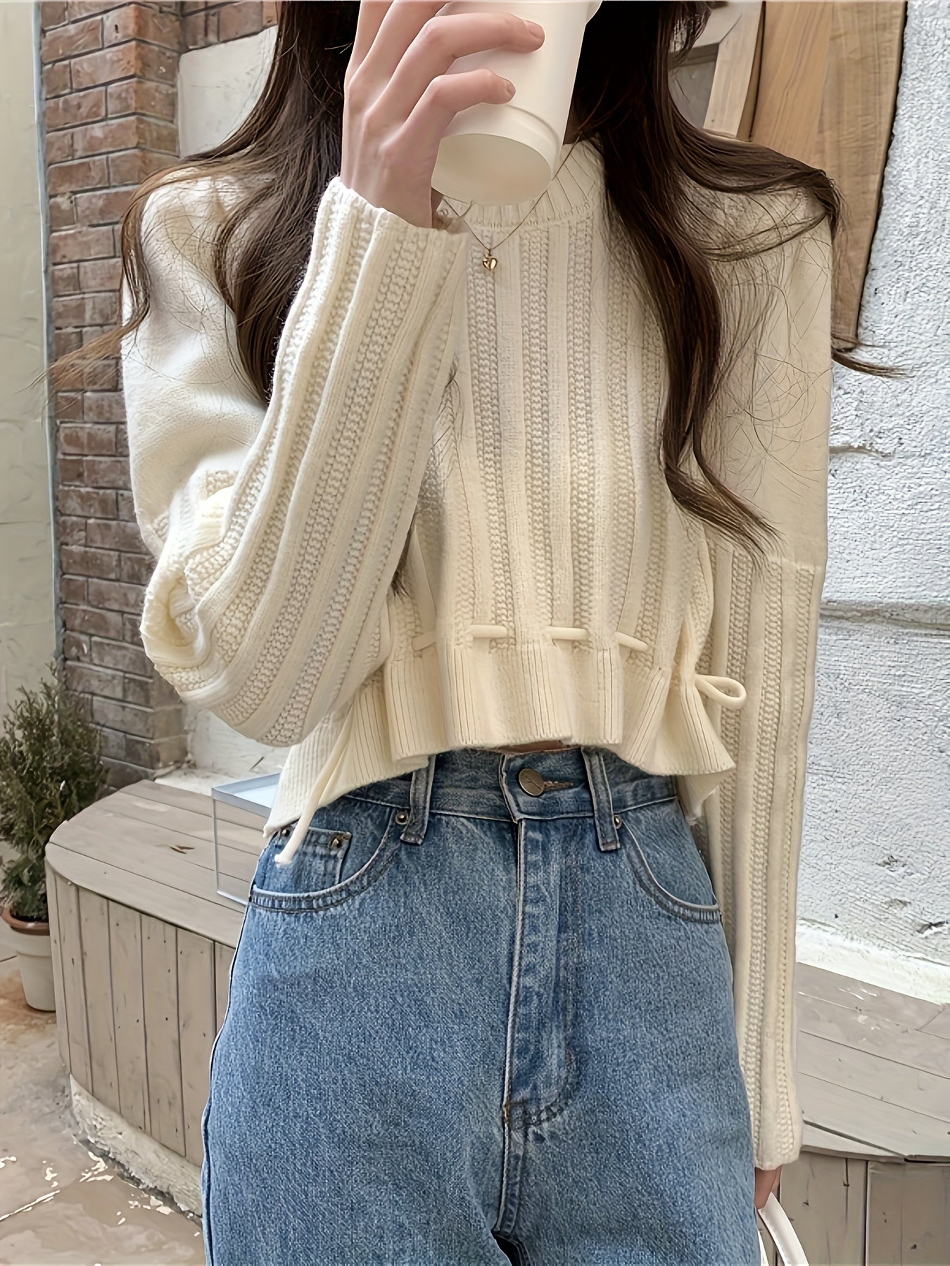 Sixsr Solid Drawstring Hem Crop Sweater, Casual Mock Neck Long Sleeve Sweater For Fall & Winter, Women's Clothing