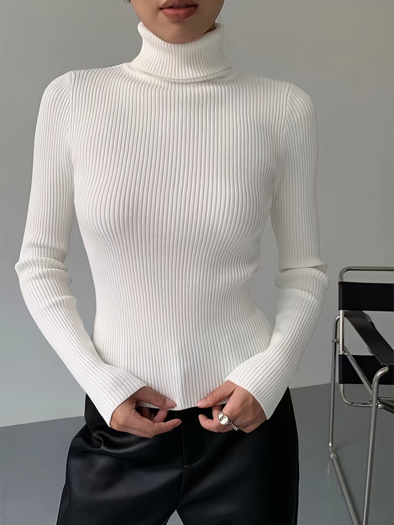 Sixsr Women's Sweater Turtleneck Solid Ribbed Long Sleeve Slim Pullover Knit Tops