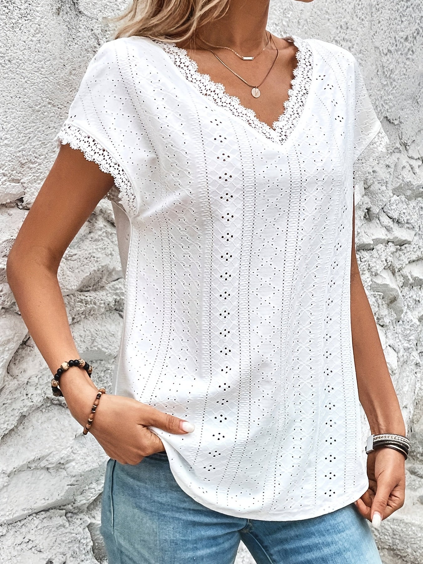 Sixsr Lace Trim Eyelet Blouse, V Neck Loose Casual Top For Spring & Summer, Women's Clothing