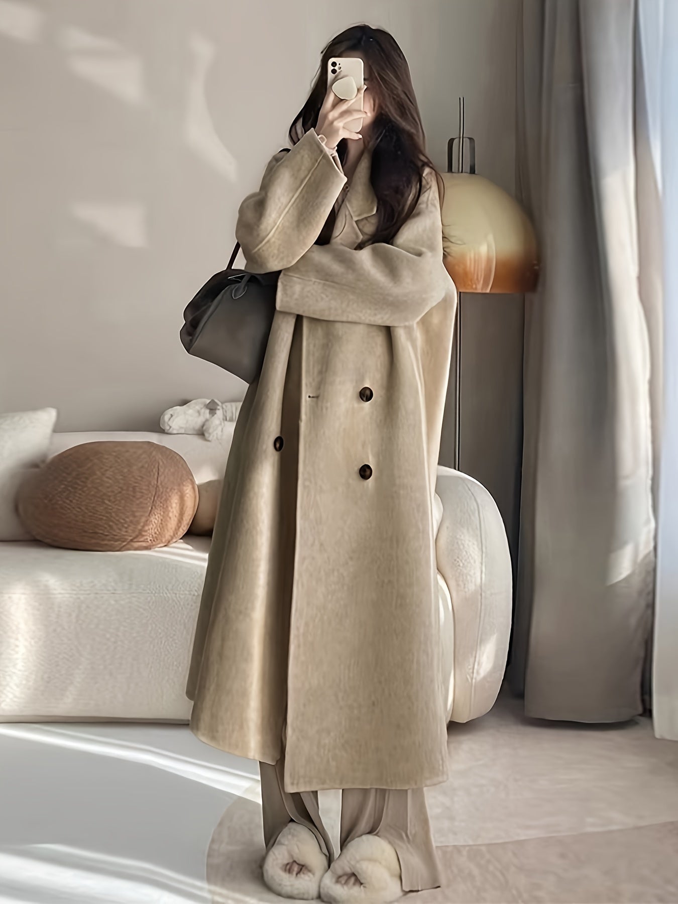 Sixsr Solid Double Breasted Belted Overcoat, Elegant Lapel Long Sleeve Pockets Outwear For Fall & Winter, Women's Clothing