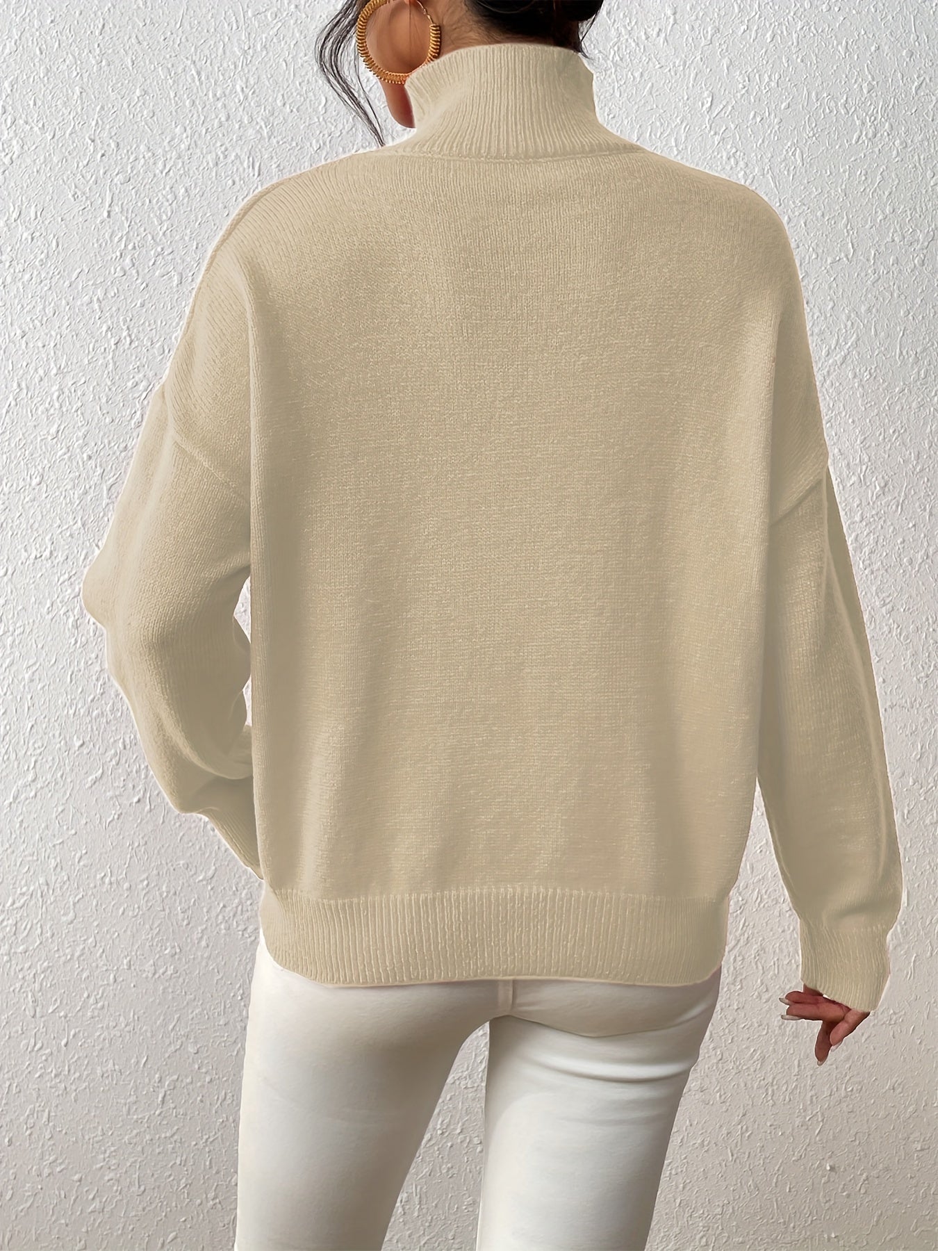Sixsr Solid Mock Neck Knit Sweater, Casual Drop Shoulder Long Sleeve Sweater, Women's Clothing