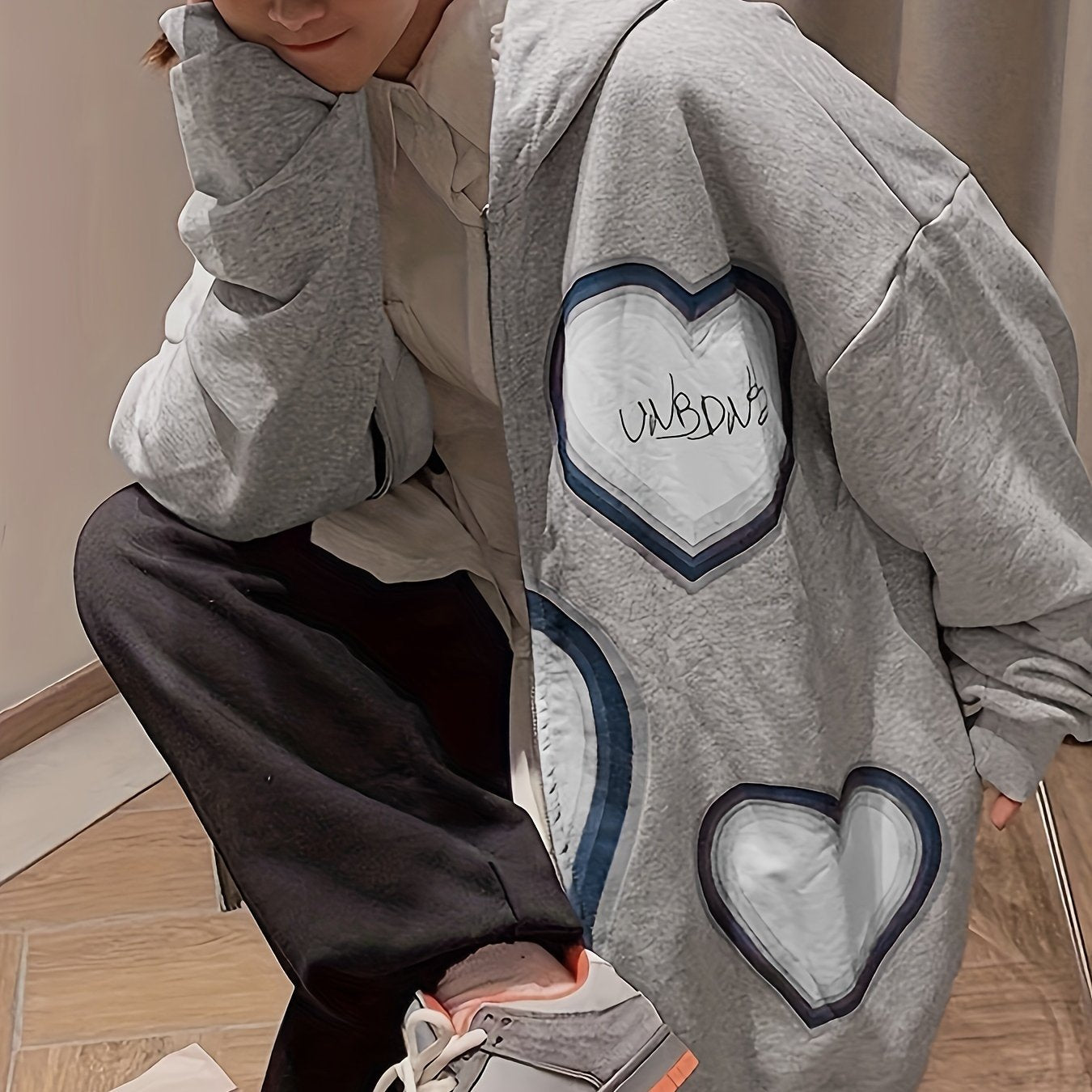 Sixsr Heart Print Zip Up Drawstring Hoodie, Y2K Long Sleeve Drop Shoulder Hoodie, Women's Clothing