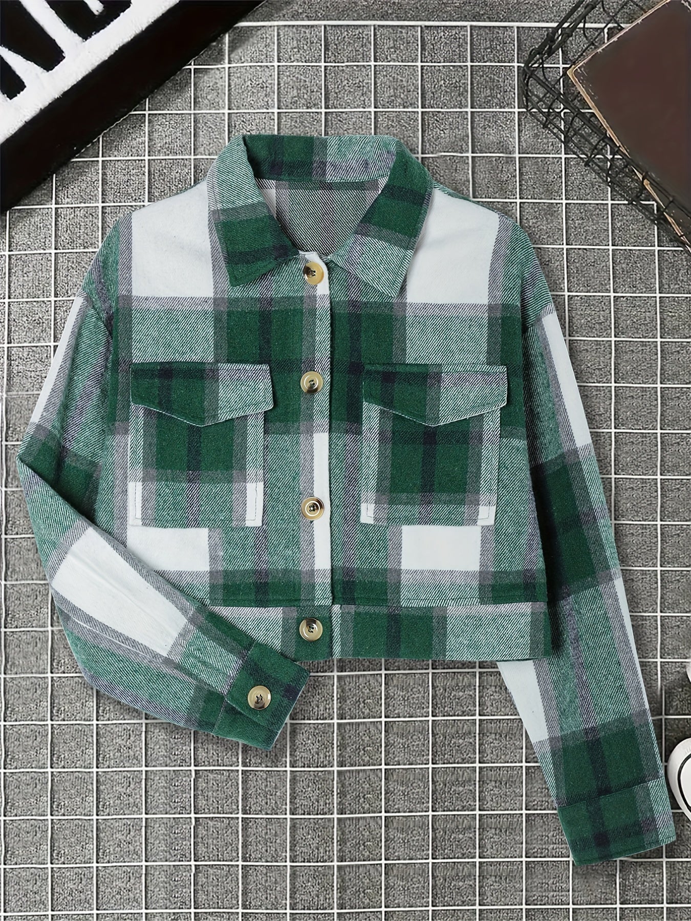 Plaid Print Button Front Jacket, Casual Long Sleeve Outerwear With Pocket, Women's Clothing