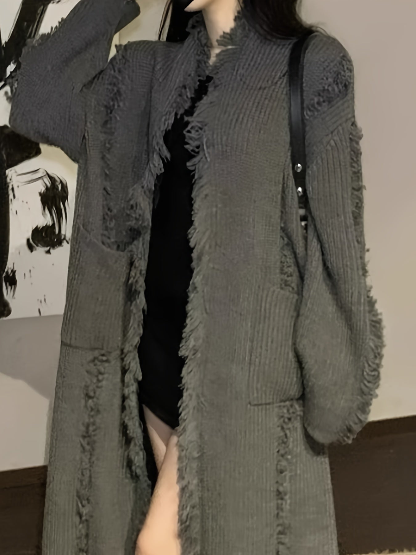Sixsr Solid Color Open Front Loose Cardigans , Elegant Side Pockets Tassel Long Sleeve Top For Every Day, Women's Clothing