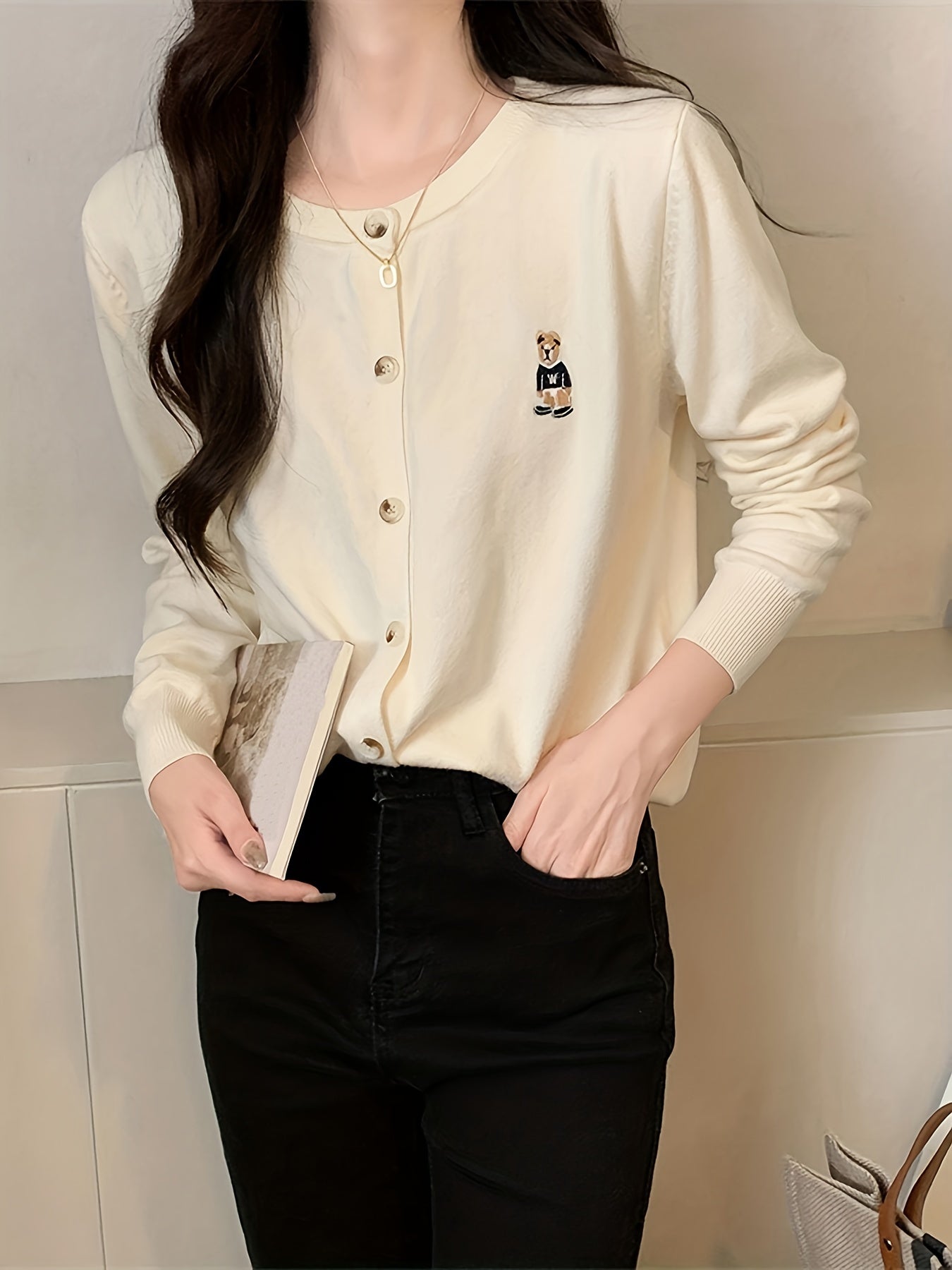 Sixsr Bear Pattern Button Front Cardigan, Casual Long Sleeve Cardigan For Spring & Fall, Women's Clothing