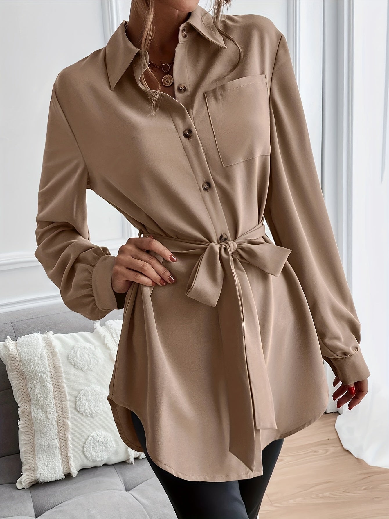 Sixsr Solid Pocket Polo Collar Belted Blouse, Casual Long Sleeve Blouse For Spring & Fall, Women's Clothing