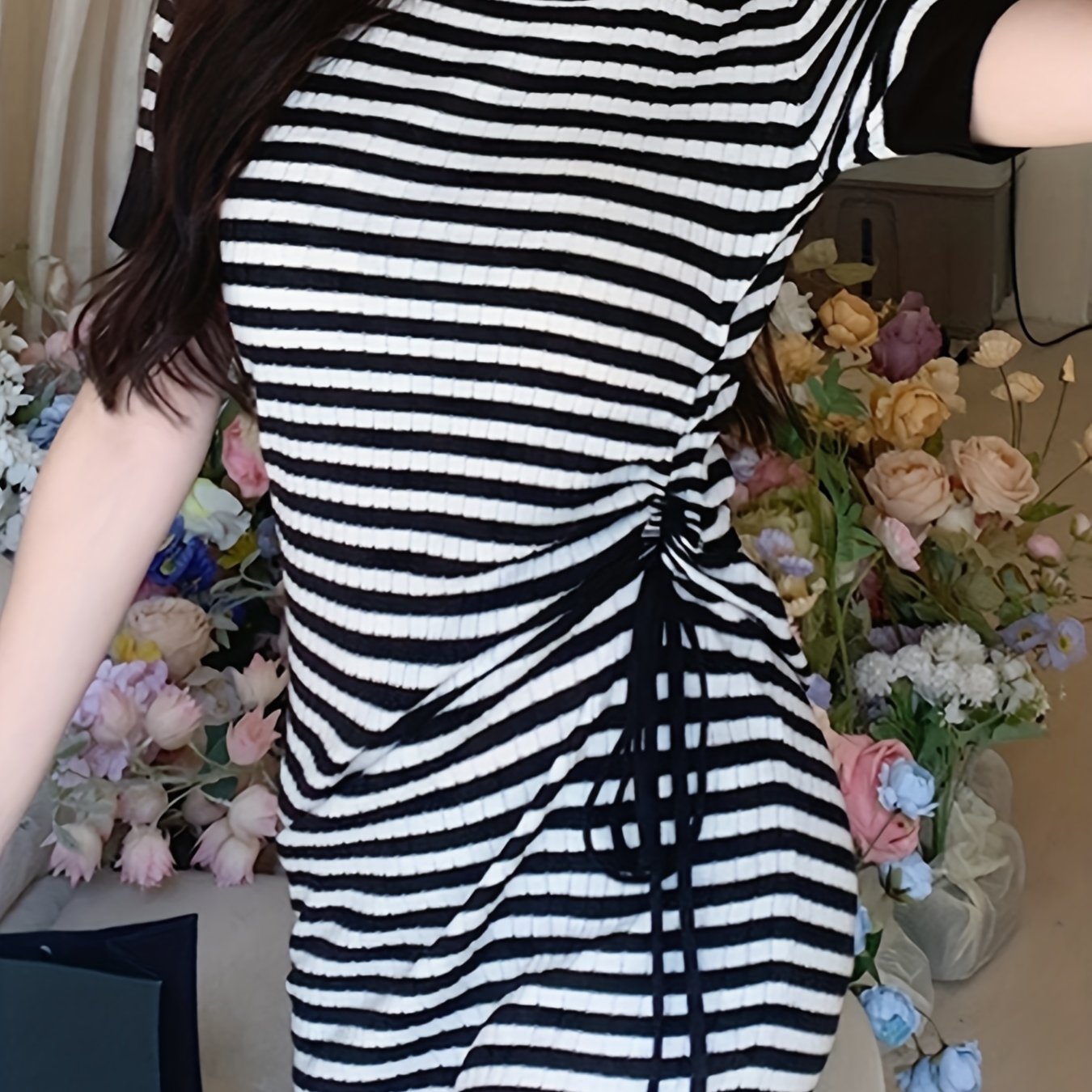 Sixsr Striped Bodycon Dress, Casual Cute Crew Neck Short Sleeve Bag Hip Drawstring Dress, Women's Clothing