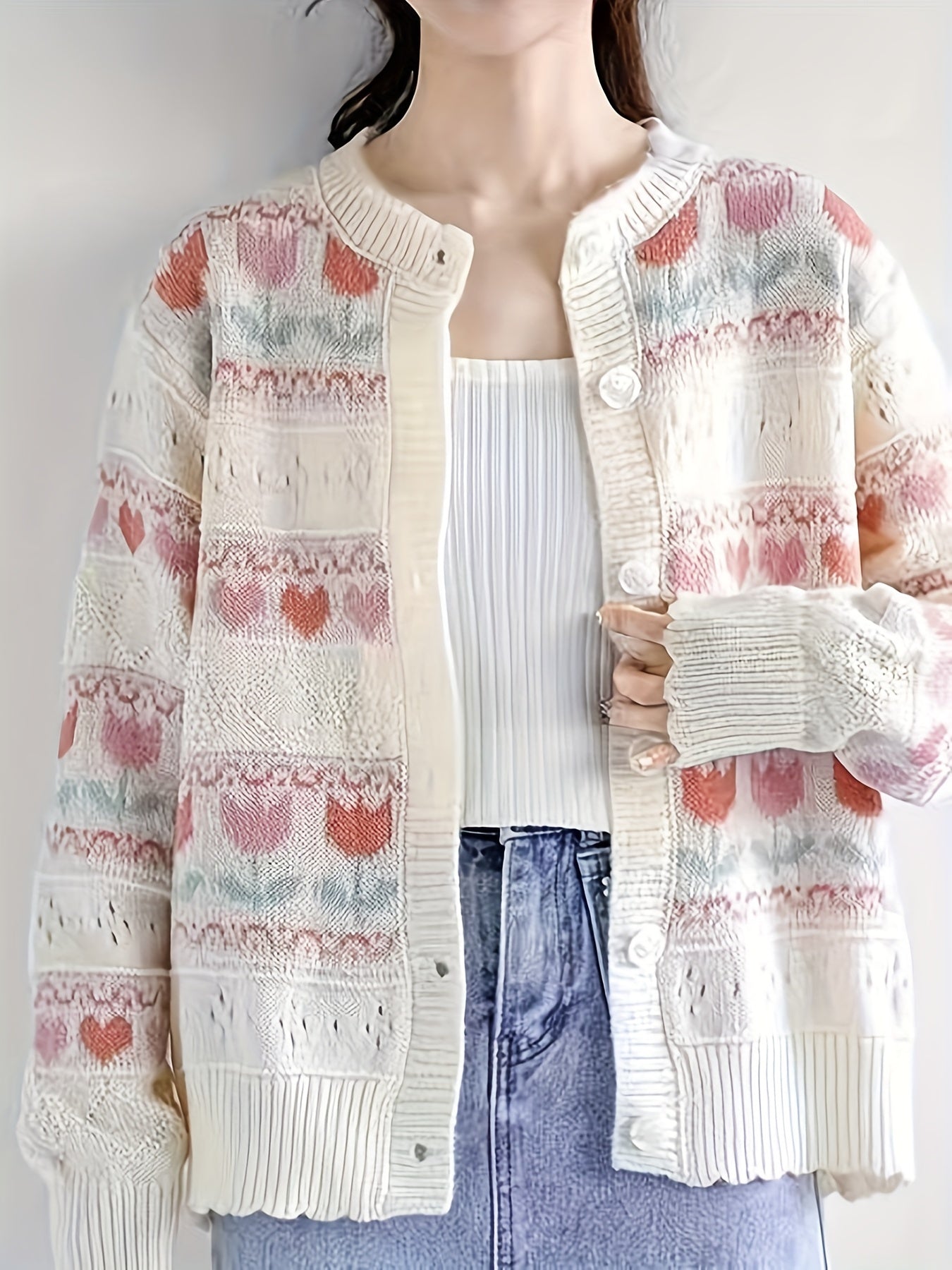 Sixsr Tulip Pattern Button Front Cardigan, Vintage Long Sleeve Drop Shoulder Outwear, Women's Clothing