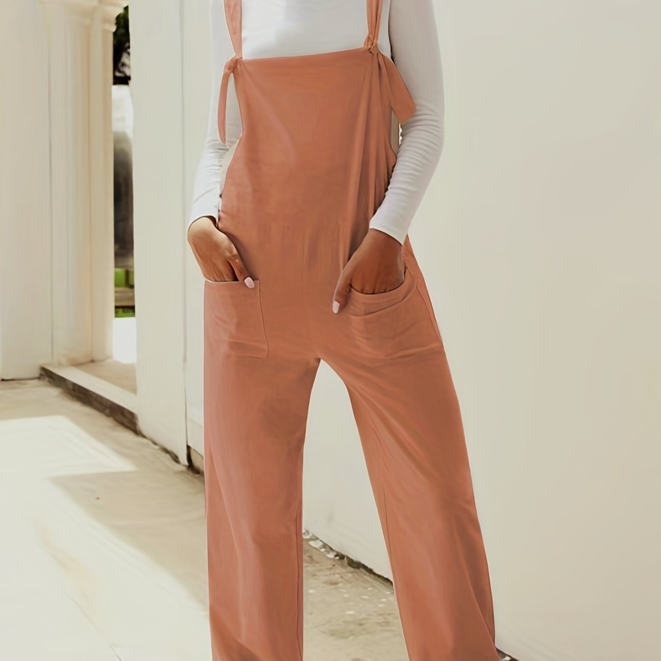 Sixsr Solid Patched Pockets Knot Strap Overall Jumpsuit, Casual Overall Jumpsuit For Spring & Summer, Women's Clothing