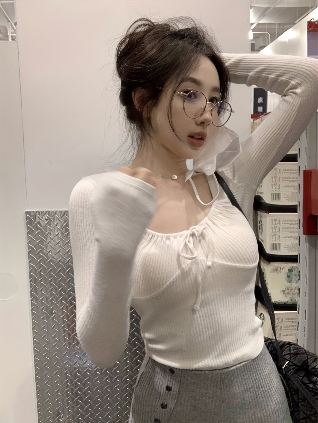 Sixsr Solid Drawstring Scoop Neck Knitted Top, Cute Long Sleeve Slim Sweater For Spring & Fall, Women's Clothing