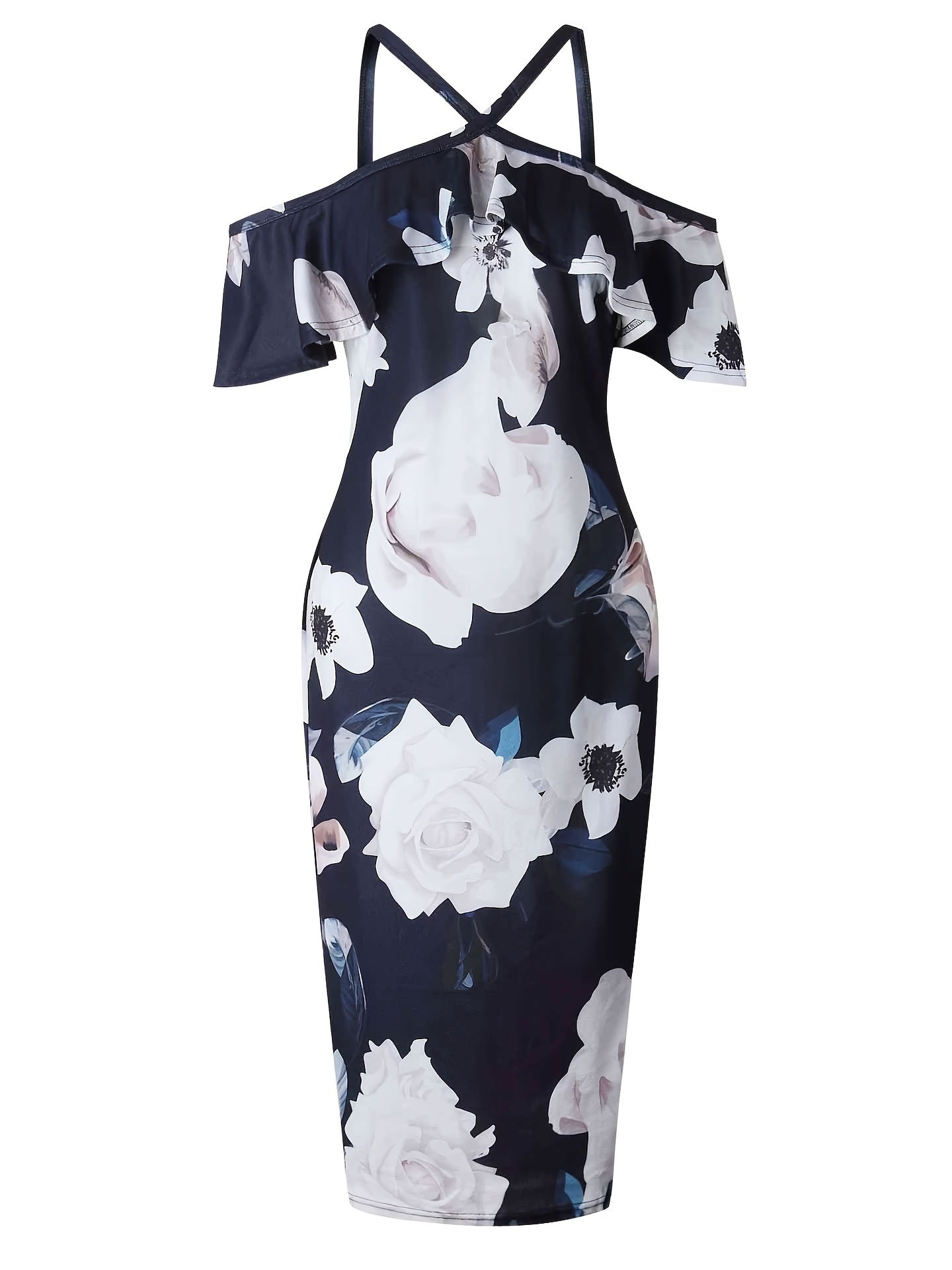 Floral Print Layered Dress, Elegant Bodycon Cold Shoulder Dress, Women's Clothing